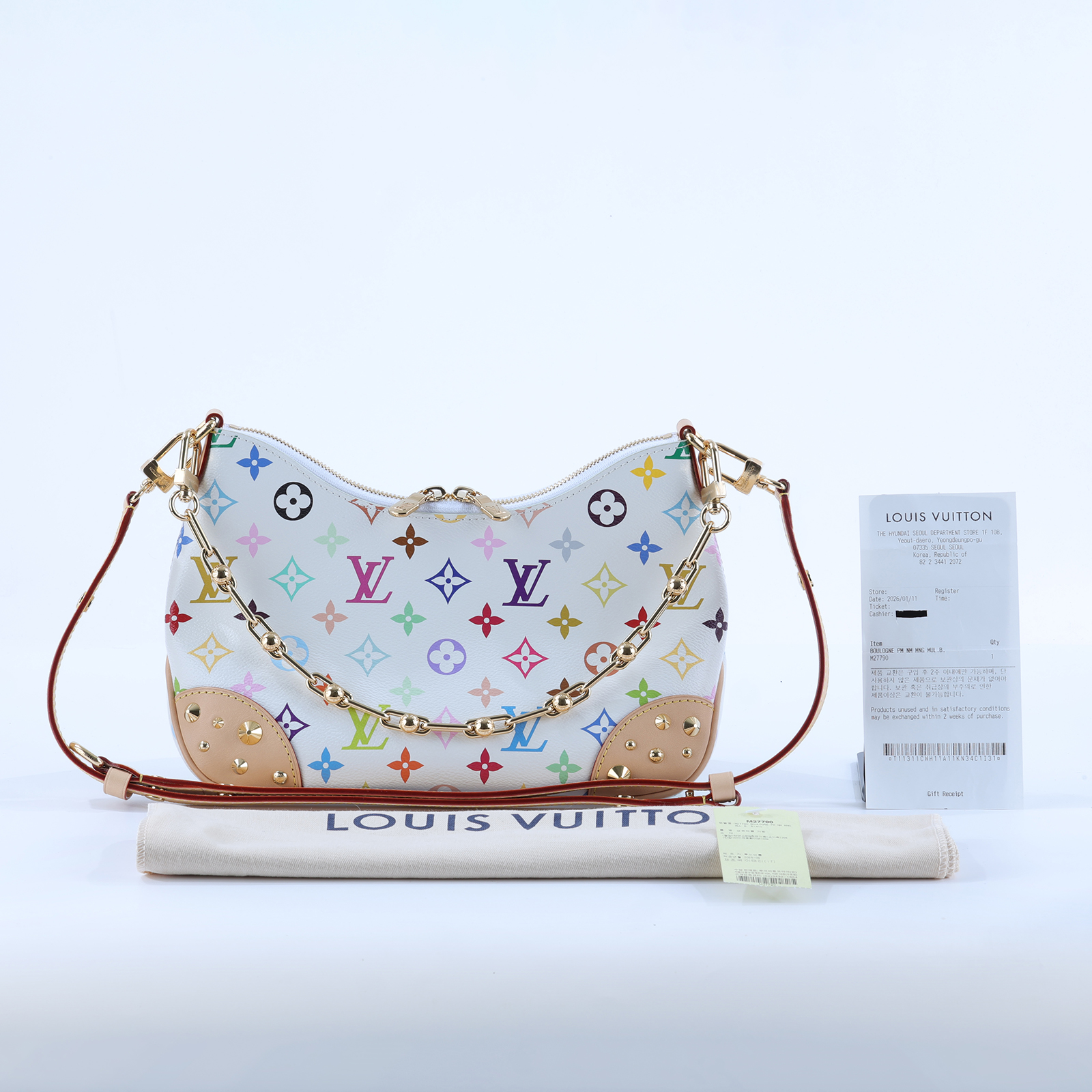 路易威登 LOUIS VUITTON Boulogne PM 牛角包 LV x TM 村上隆聯名 M27790 晶片款  防塵袋/背帶2/韓國購買證明