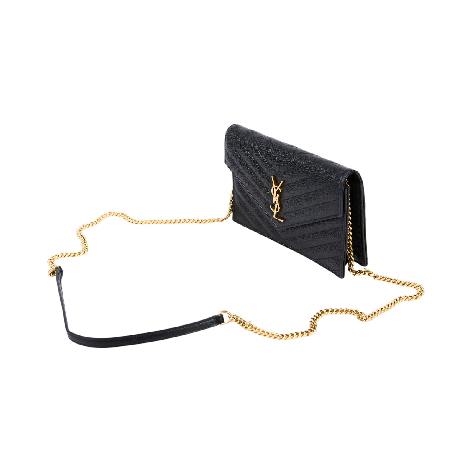 聖羅蘭 YSL SAINT LAURENT 山形紋 鏈袋 信封包 金扣 393953BOW01 黑金魚子醬WOC 原廠盒子/防塵袋/背帶
