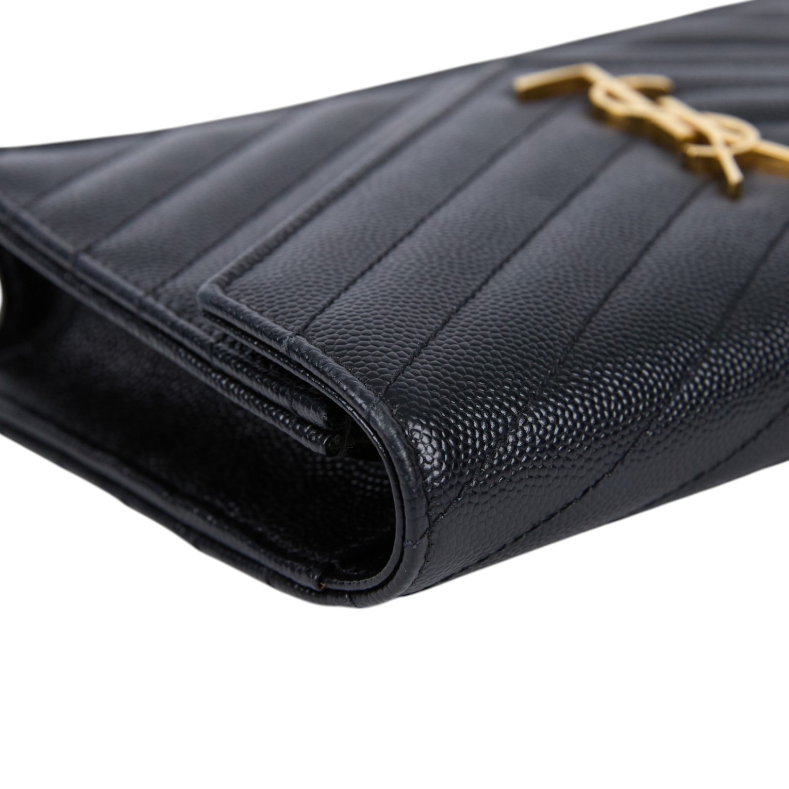 聖羅蘭 YSL SAINT LAURENT 山形紋 鏈袋 信封包 金扣 393953BOW01 黑金魚子醬WOC 原廠盒子/防塵袋/背帶