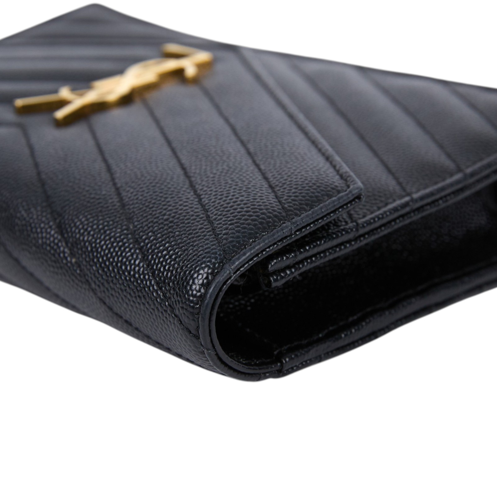 聖羅蘭 YSL SAINT LAURENT 山形紋 鏈袋 信封包 金扣 393953BOW01 黑金魚子醬WOC 原廠盒子/防塵袋/背帶