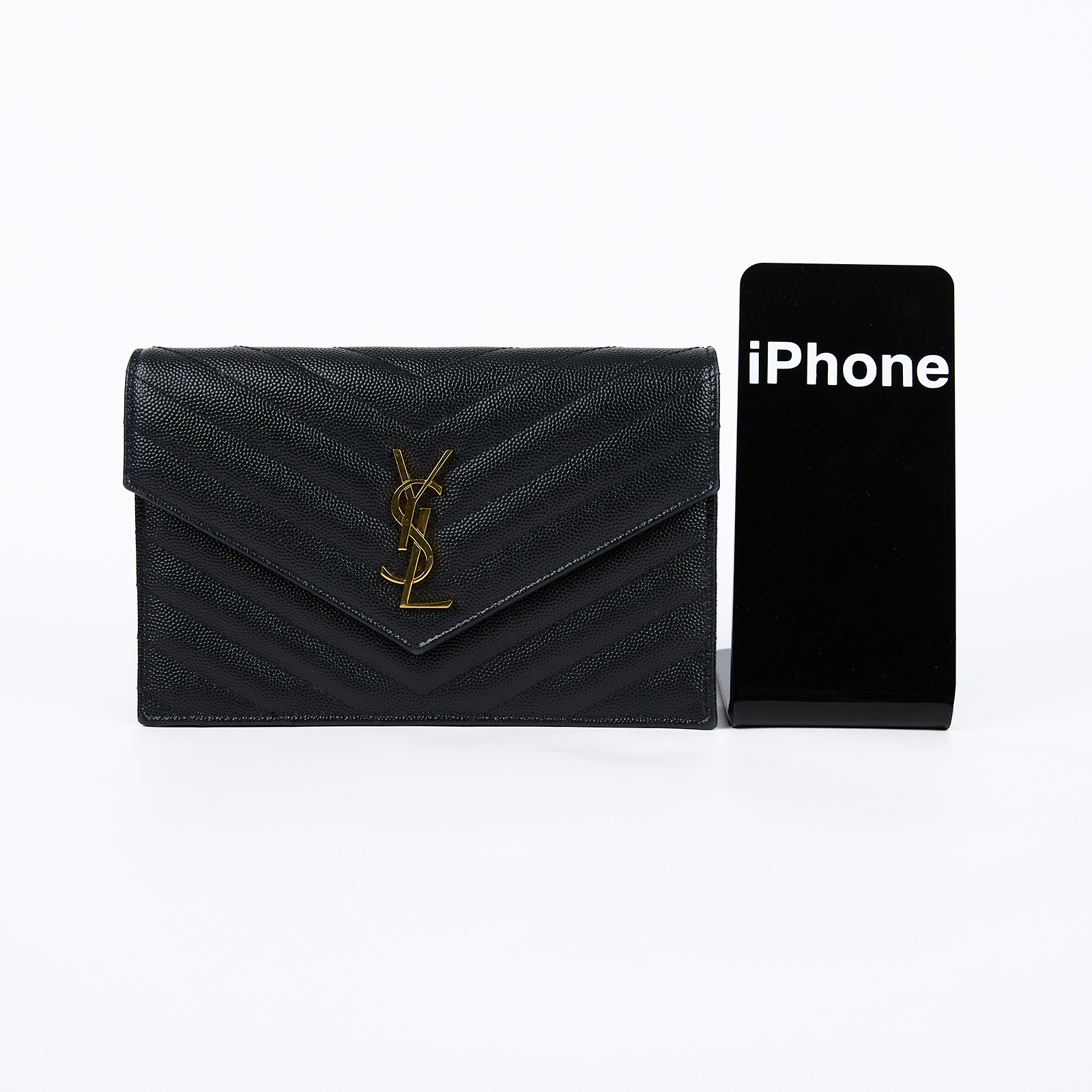 聖羅蘭 YSL SAINT LAURENT 山形紋 鏈袋 信封包 金扣 393953BOW01 黑金魚子醬WOC 原廠盒子/防塵袋/背帶
