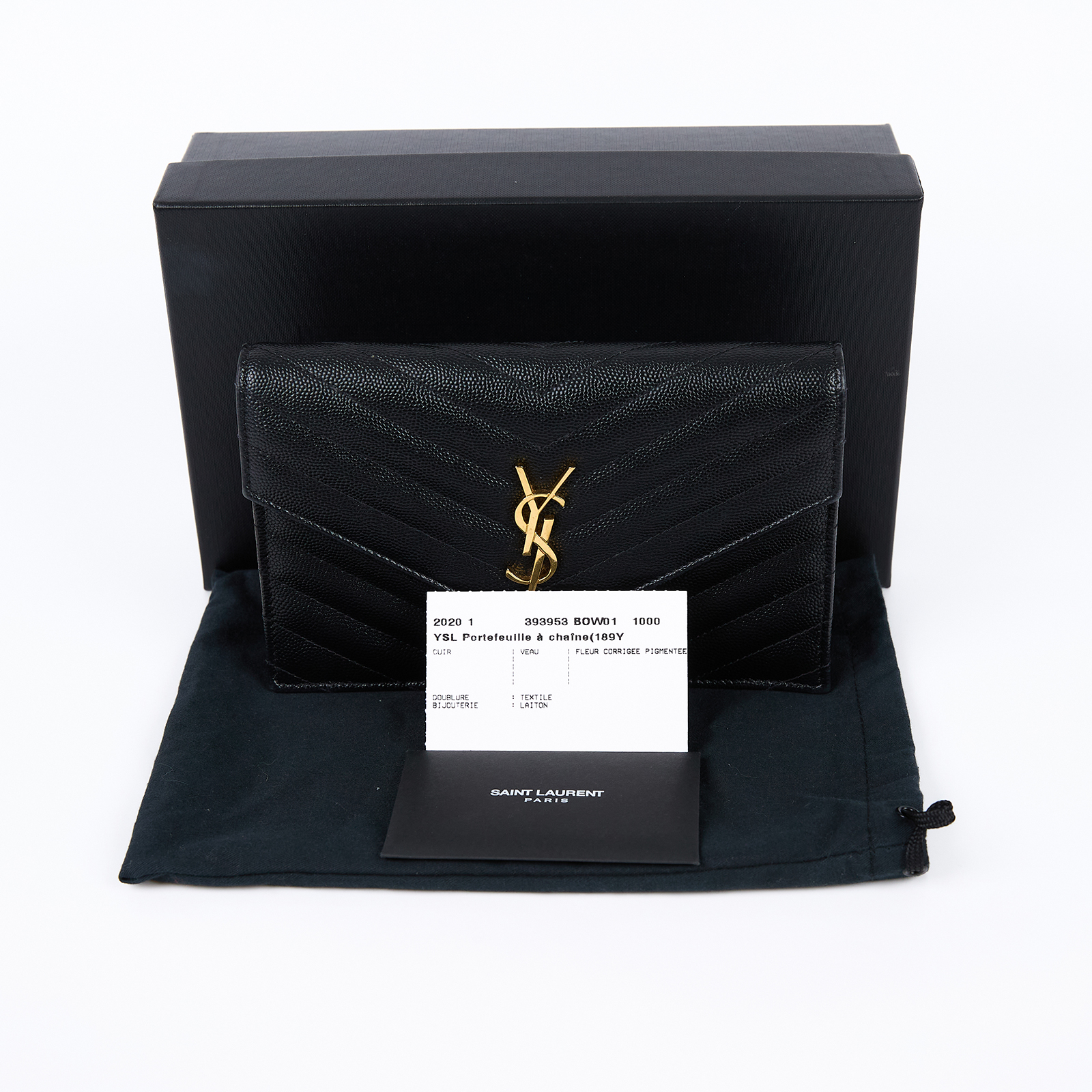 聖羅蘭 YSL SAINT LAURENT 山形紋 鏈袋 信封包 金扣 393953BOW01 黑金魚子醬WOC 原廠盒子/防塵袋/背帶