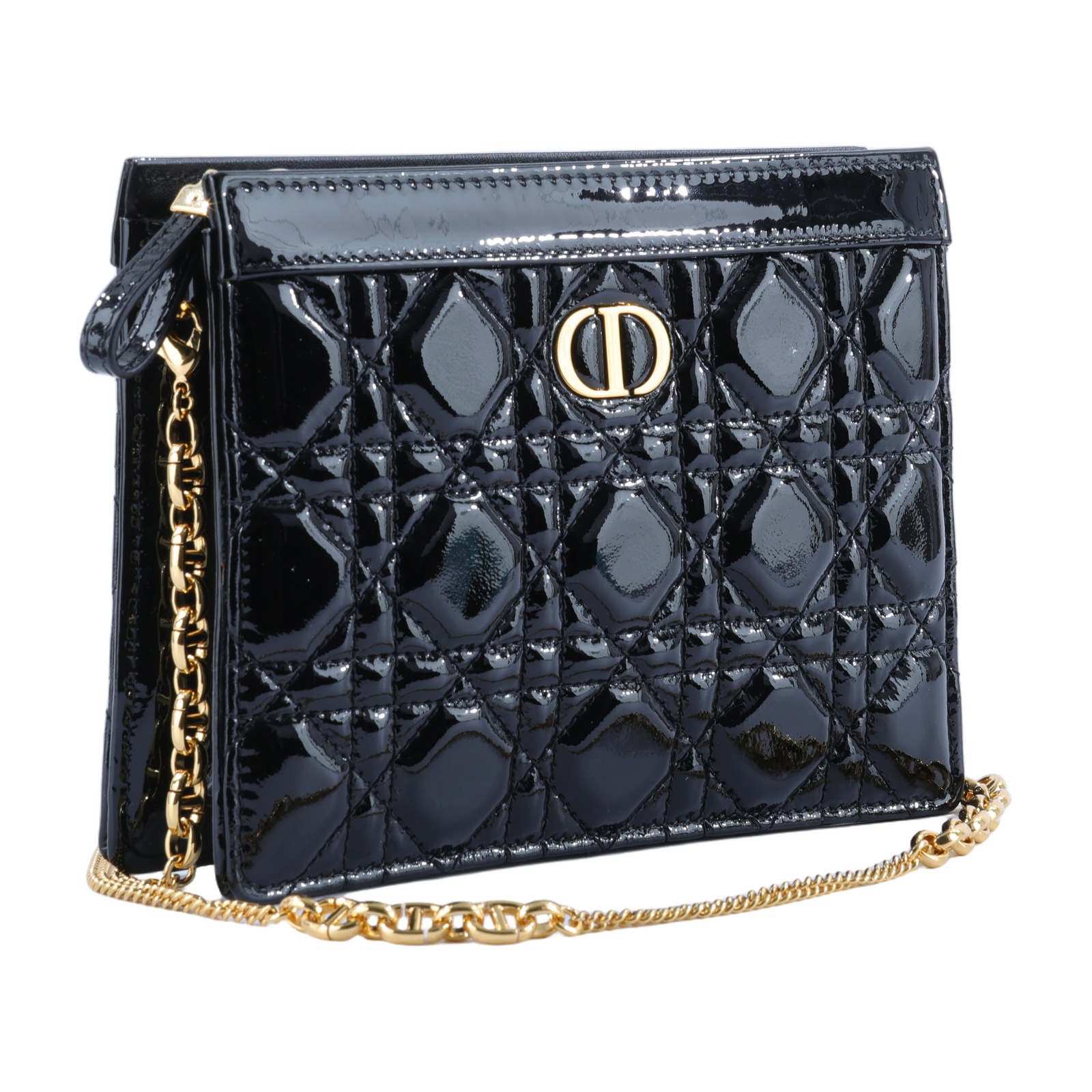 迪奧 CHRISTIAN DIOR Caro Pouch With Chain 拉鍊 鏈帶包 漆皮 S5106UWFQ 黑漆皮CARO POUCH 防塵袋/背帶