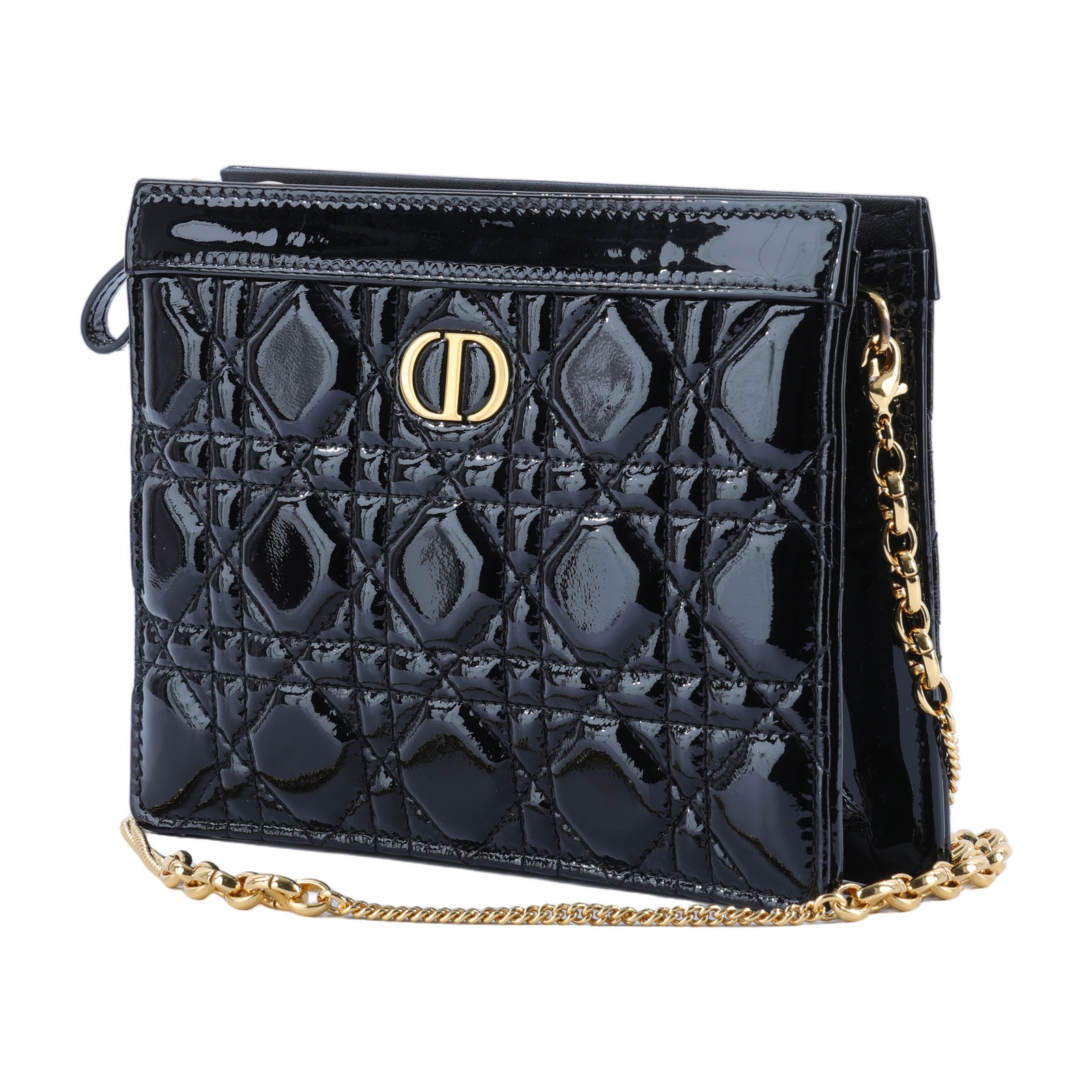 迪奧 CHRISTIAN DIOR Caro Pouch With Chain 拉鍊 鏈帶包 漆皮 S5106UWFQ 黑漆皮CARO POUCH 防塵袋/背帶