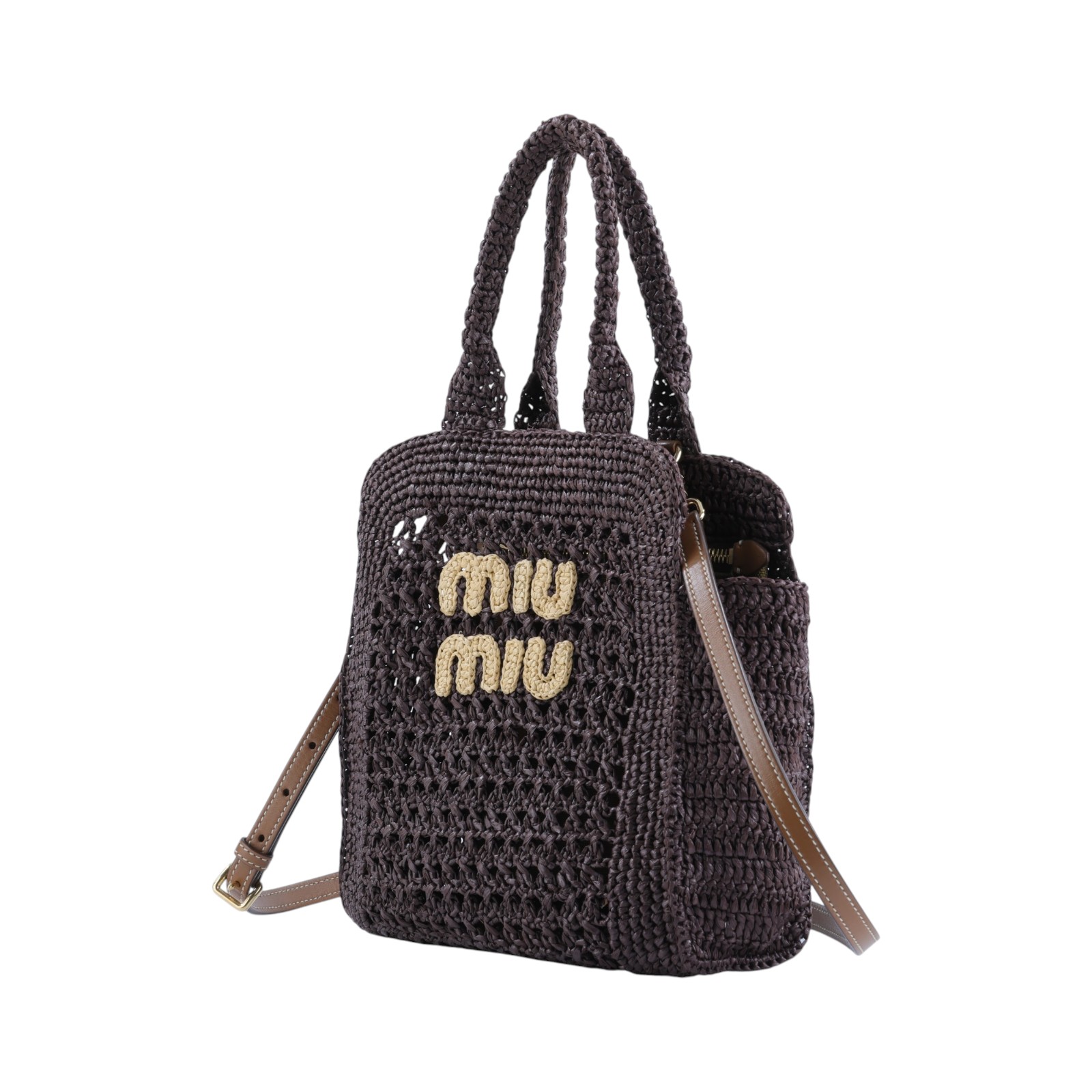 繆繆 MIU MIU Ivy 拉菲草 編織 托特包 5BA283_ADO1 可可棕拉菲草編肩背托特包 防塵袋/背帶