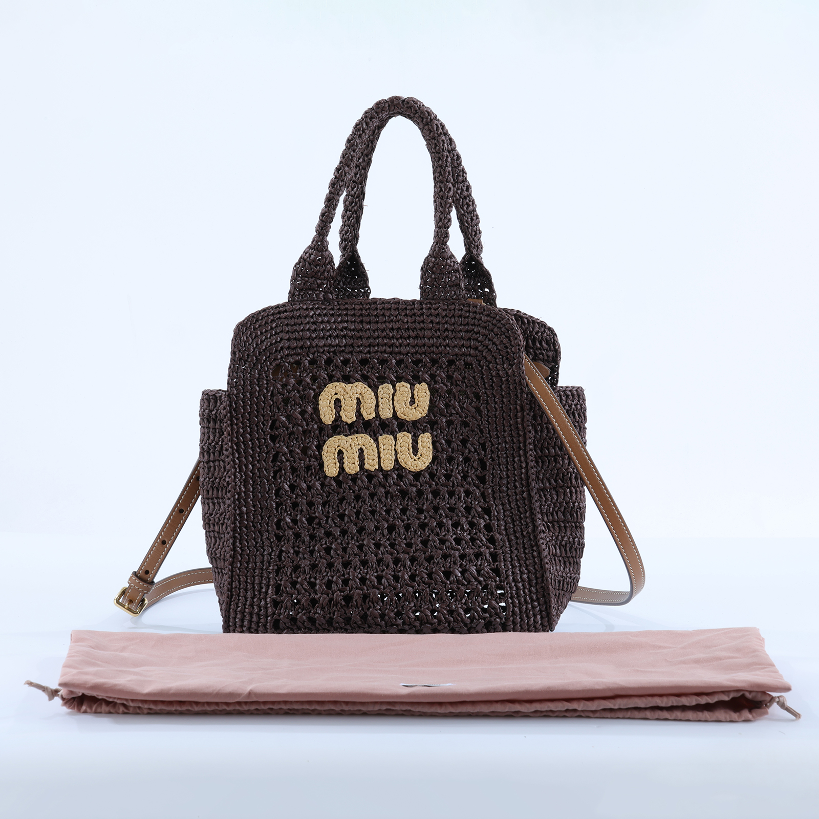 繆繆 MIU MIU Ivy 拉菲草 編織 托特包 5BA283_ADO1 可可棕拉菲草編肩背托特包 防塵袋/背帶