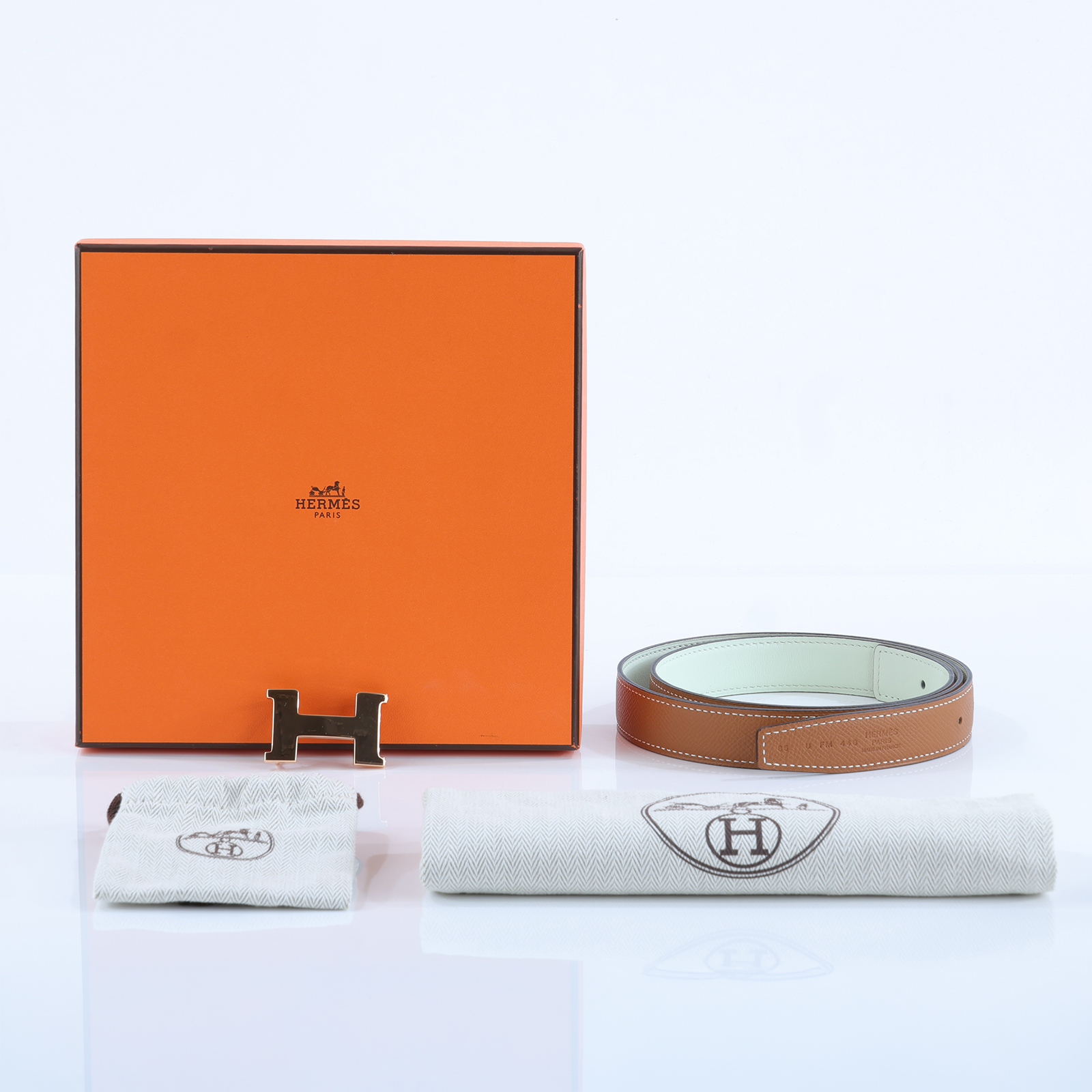 愛馬仕 Hermes H 皮帶扣 雙面皮革腰帶  /RG 12 22 金棕拚氣泡綠皮帶#85 原廠盒子/防塵袋2