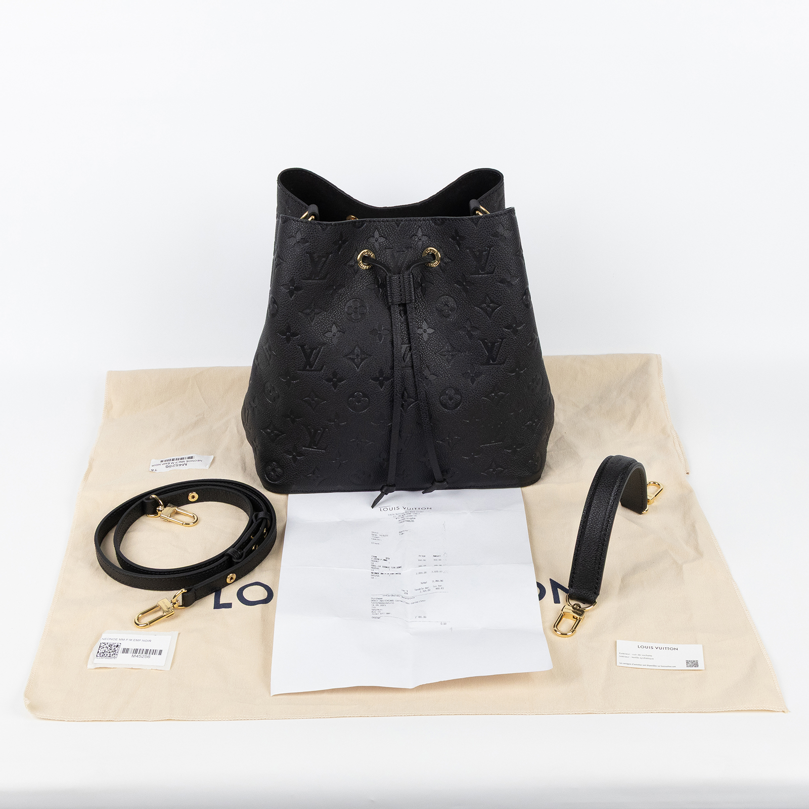 路易威登 LOUIS VUITTON NéoNoé MM 黑色 粒面壓花牛皮 束口水桶包 M45256 晶片款  防塵袋/背帶2/收據影本