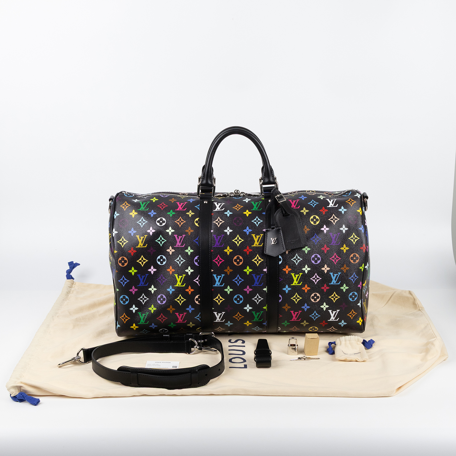 路易威登 LOUIS VUITTON TM 村上隆 Keepall Bandouliere 50 手提包 肩背包 旅行袋 M13745 晶片款  防塵袋/鎖組/掛飾2/背帶