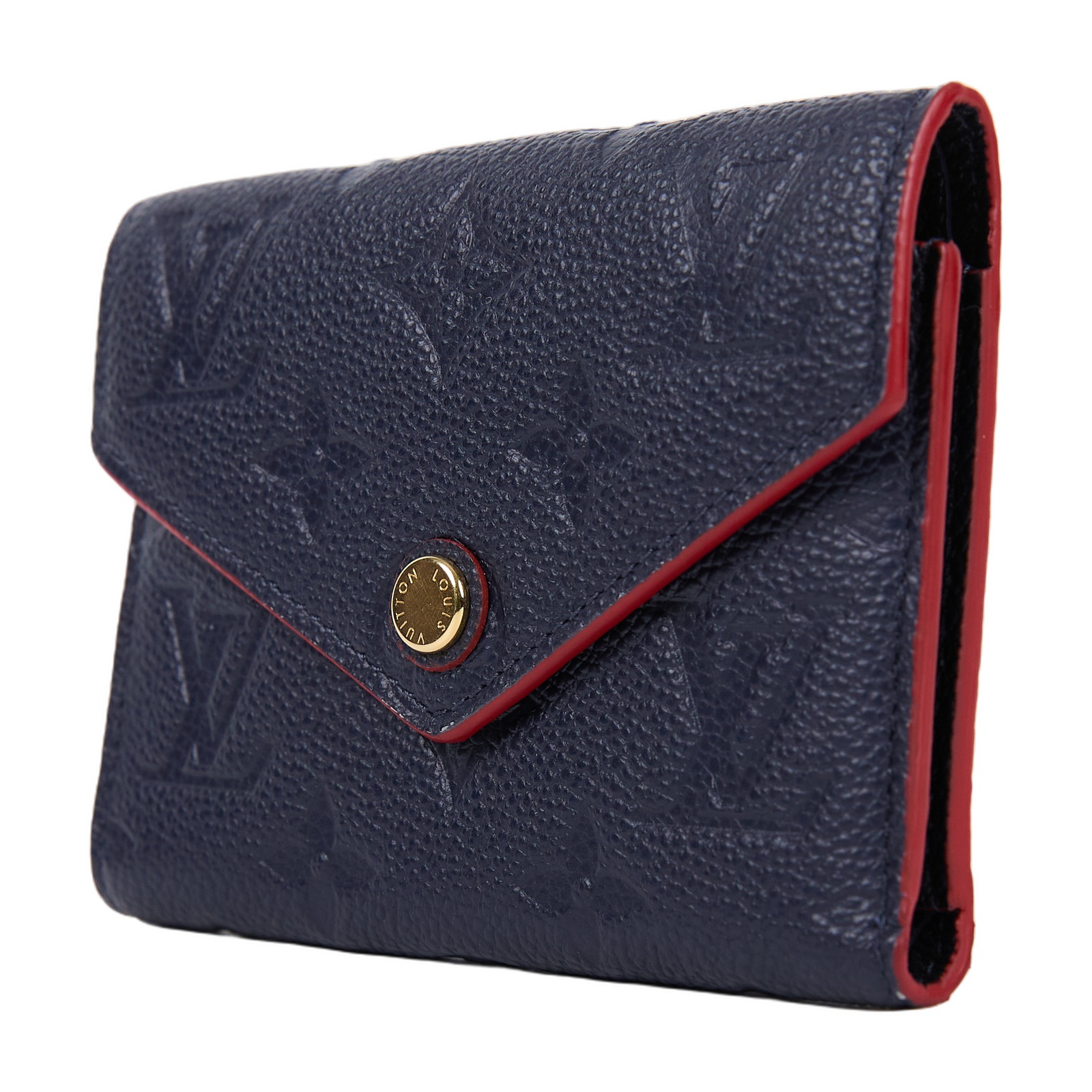路易威登 LOUIS VUITTON Victorine 壓花皮革 三折暗釦 短夾 海軍藍 紅色 M64577 晶片款  原廠盒子
