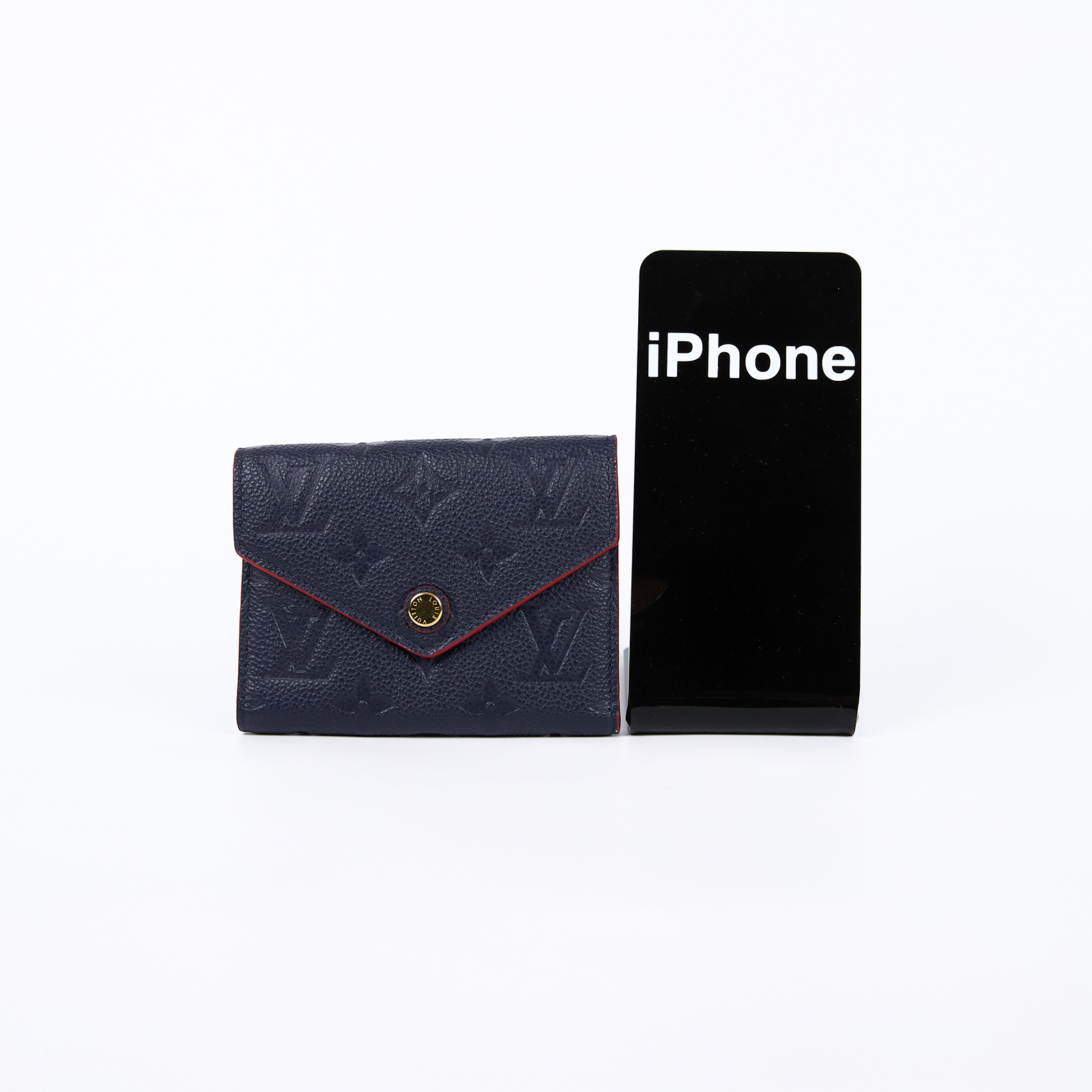 路易威登 LOUIS VUITTON Victorine 壓花皮革 三折暗釦 短夾 海軍藍 紅色 M64577 晶片款  原廠盒子