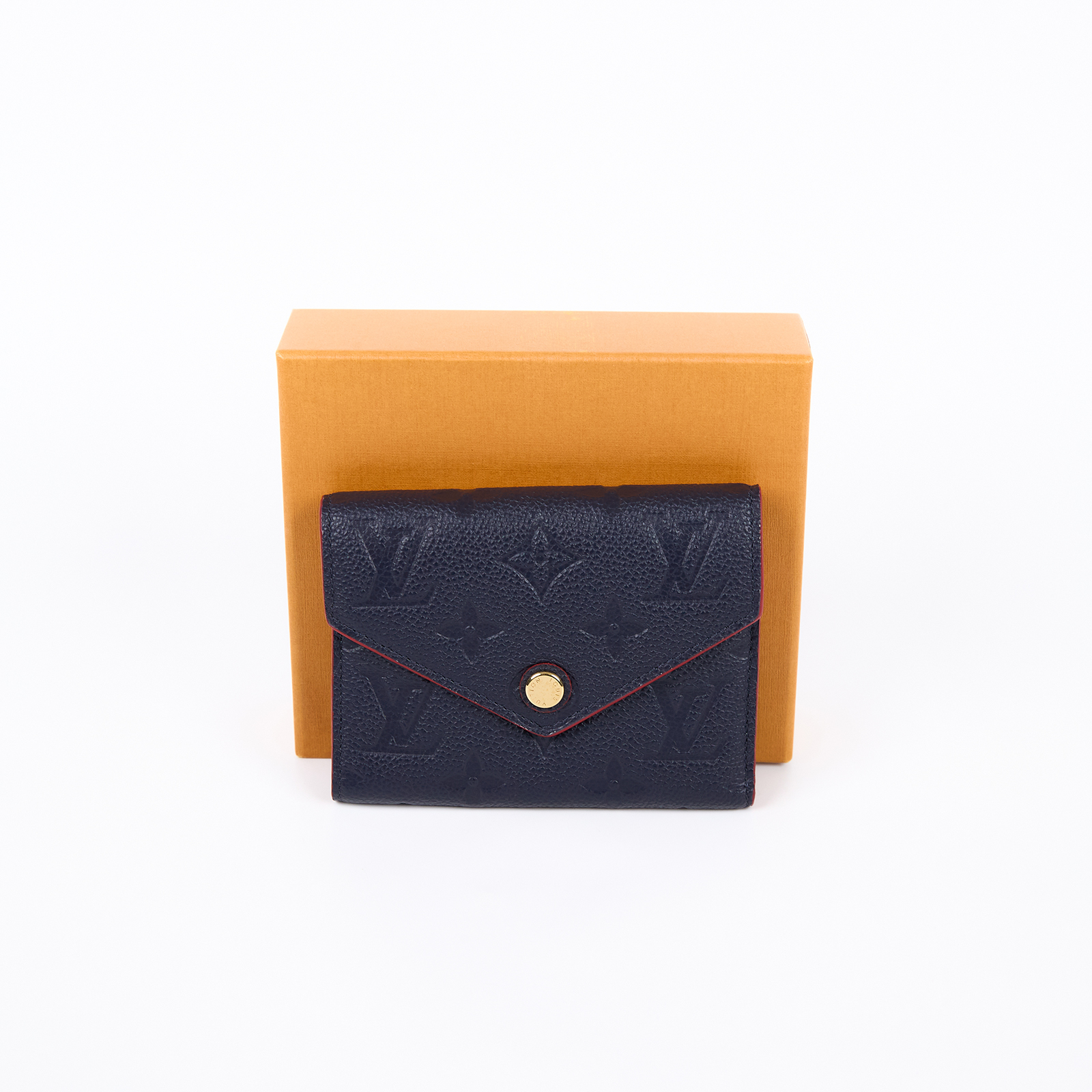 路易威登 LOUIS VUITTON Victorine 壓花皮革 三折暗釦 短夾 海軍藍 紅色 M64577 晶片款  原廠盒子
