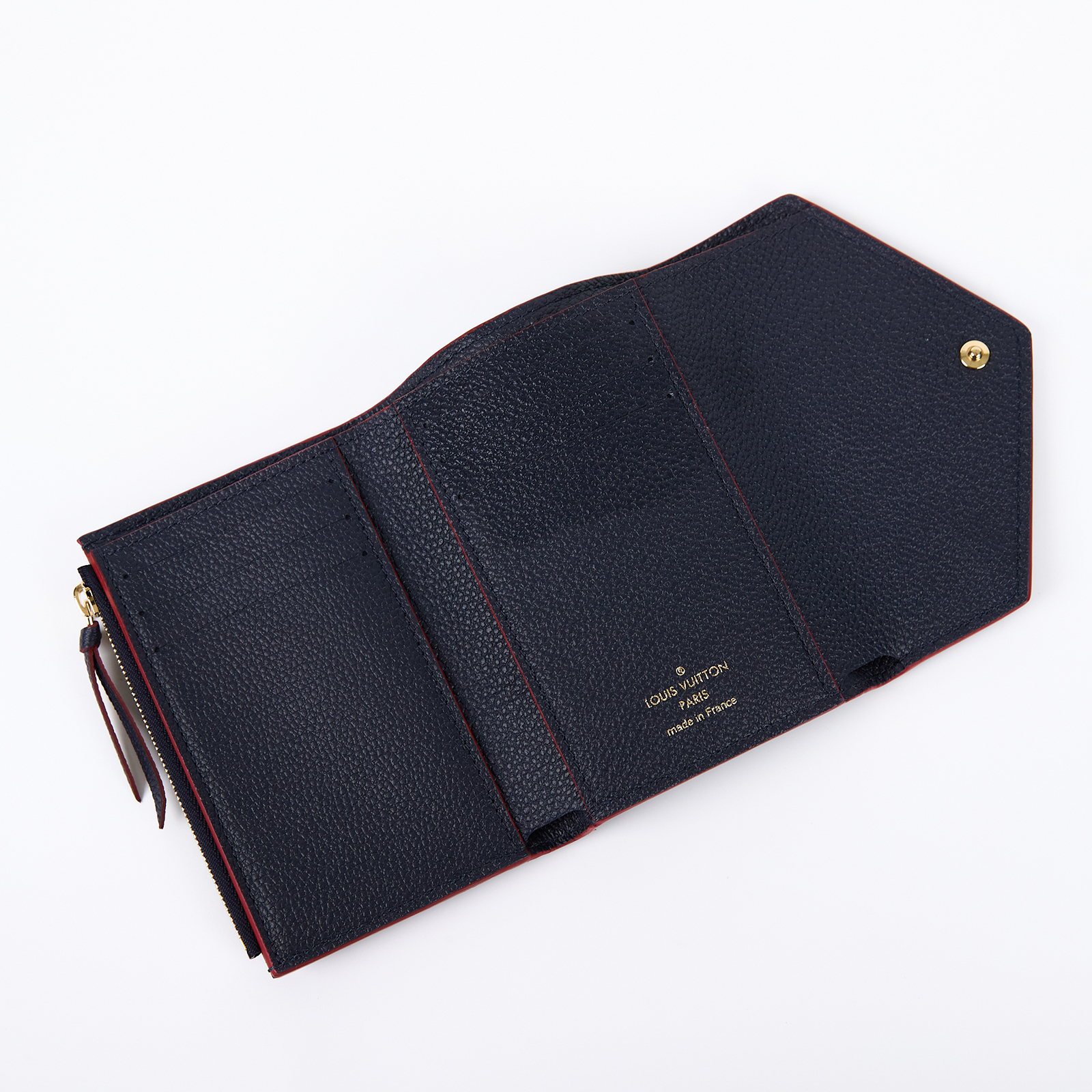 路易威登 LOUIS VUITTON Victorine 壓花皮革 三折暗釦 短夾 海軍藍 紅色 M64577 晶片款  原廠盒子