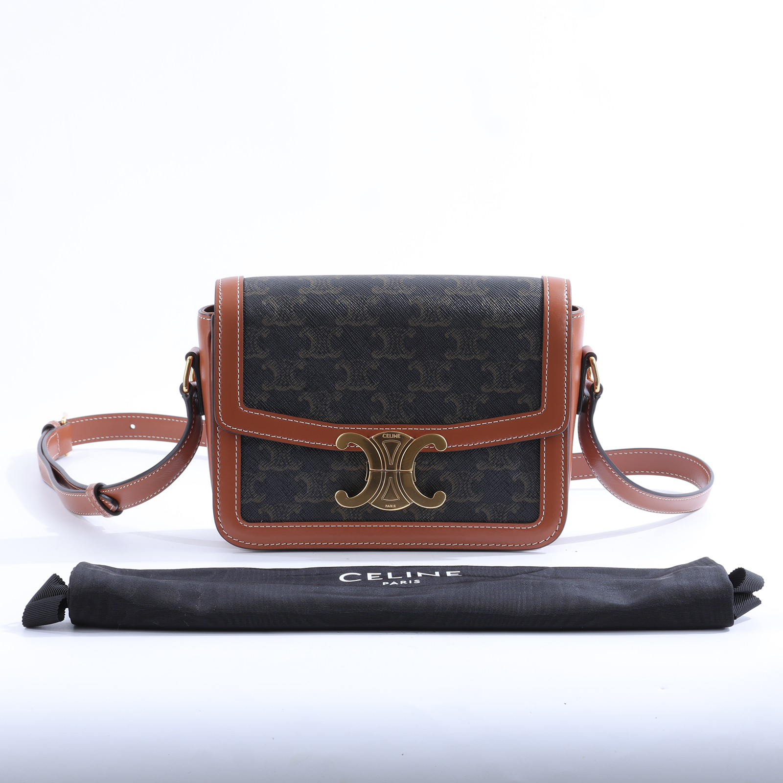 思琳 CELINE 標誌印花 牛皮革 Teen Triomphe 凱旋門 肩背包 188882BZ4 棕拚凱旋門CLASSIQUE TRIOMPHE 防塵袋