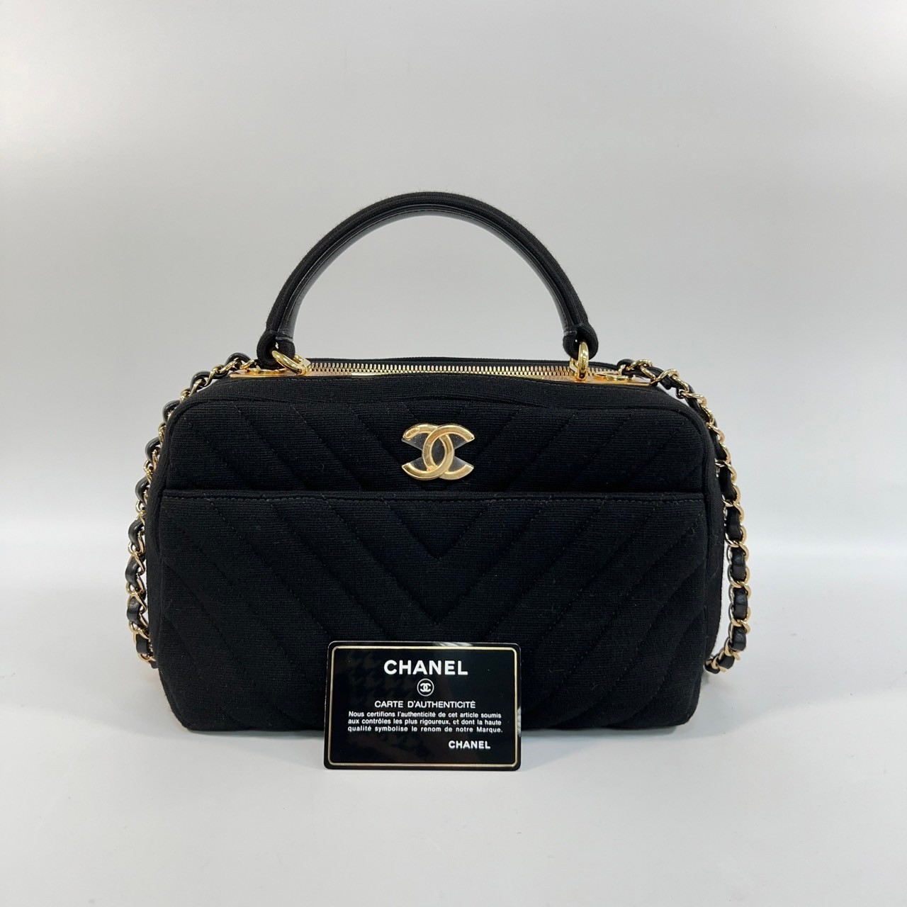 香奈兒 CHANEL Trendy CC LOGO 羊皮 金鍊 斜背包  黑布面TRENDY CC 保證卡