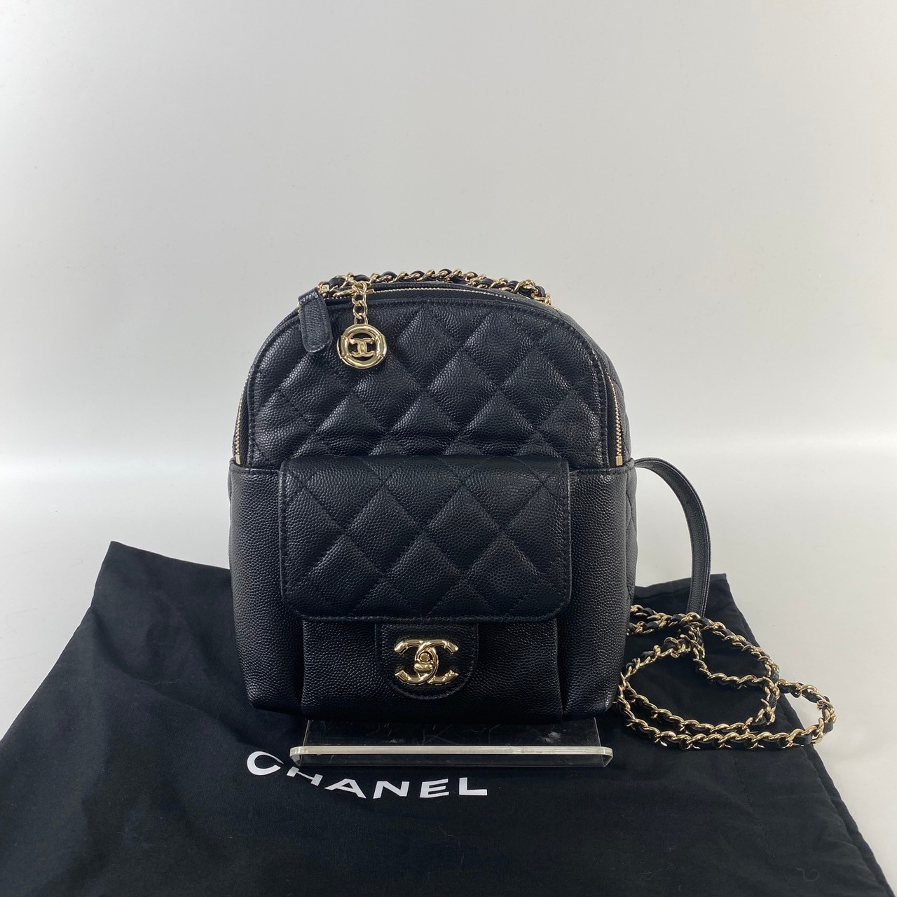 香奈兒 CHANEL 荔枝皮 小書包 迷你後背包  26開黑淡金荔枝小書包 防塵袋