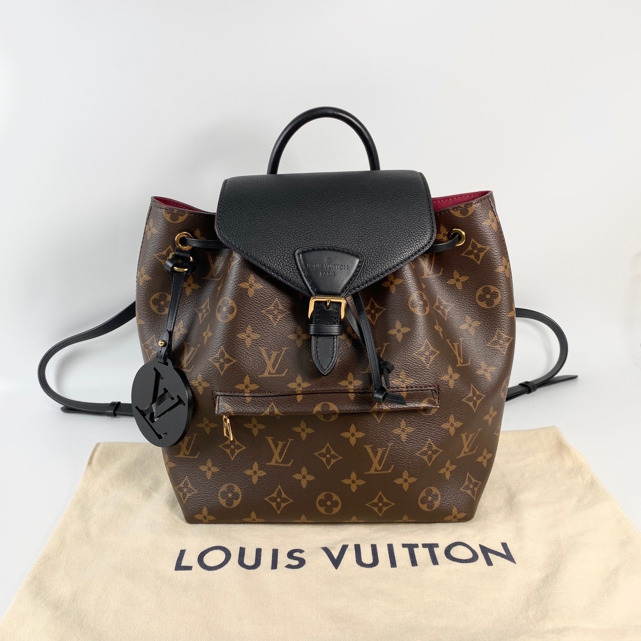 路易威登 LOUIS VUITTON Montsouris PM 經典帆布 牛皮 扣式 束口 後背包 棕色 黑色 M45515 晶片款  防塵袋