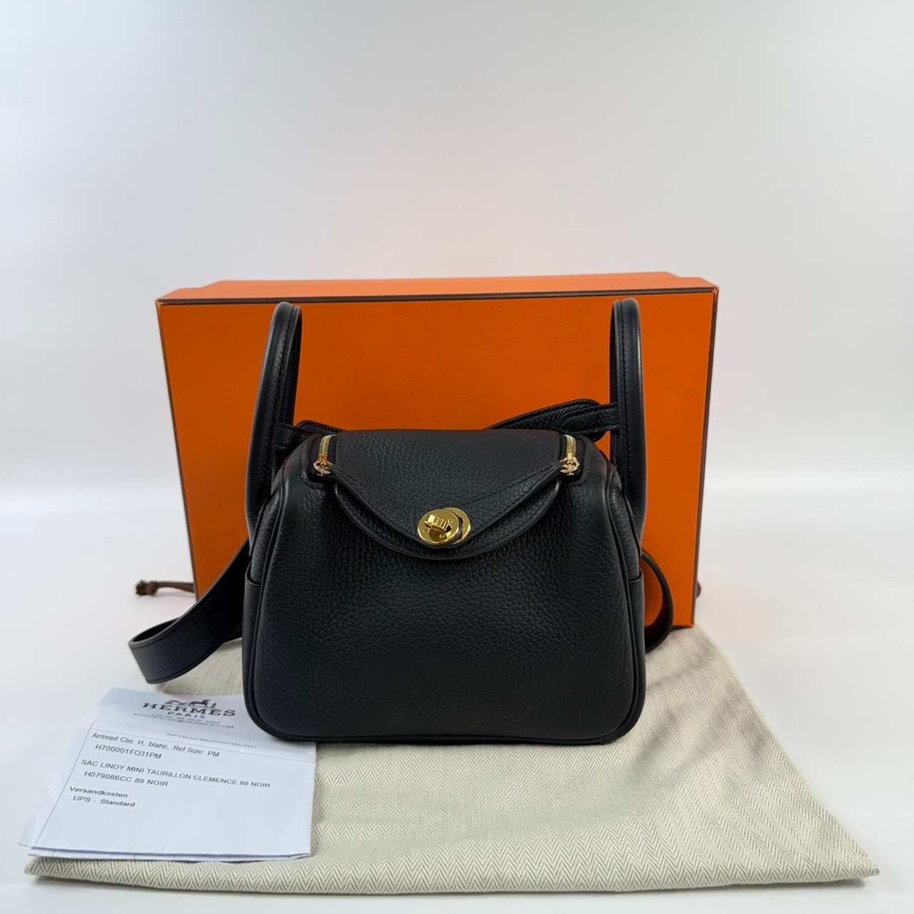 愛馬仕 Hermès Lindy 琳迪包 Mini LDM B B刻 黑金MINI LINDY 原廠盒子/防塵袋/購買證明影本