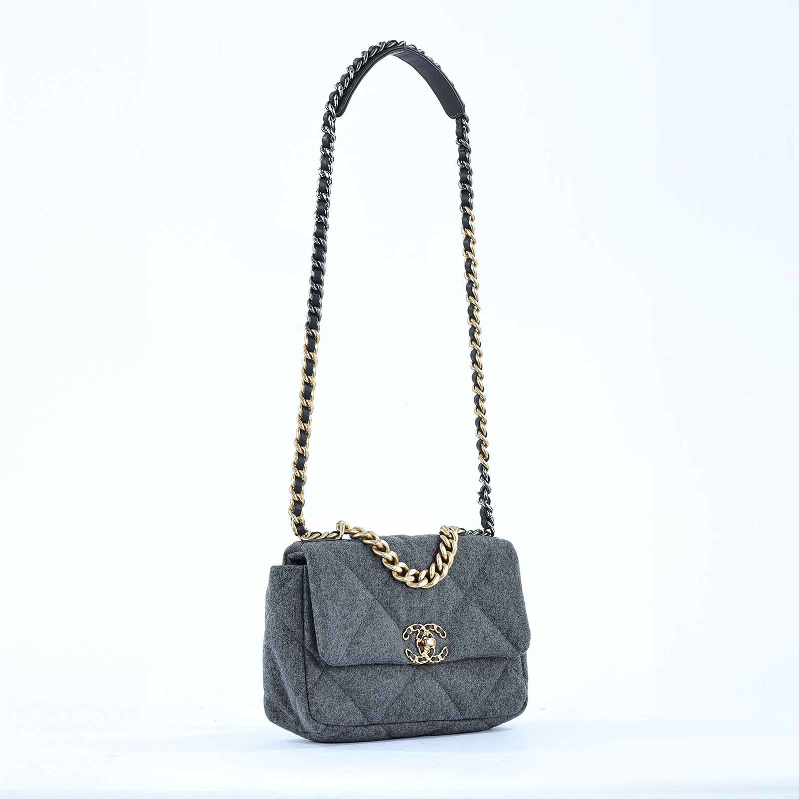 香奈兒 CHANEL 19 口蓋包 菱格紋 金銀鍊帶 手提 肩背包 AS1160 晶片款 灰毛呢19BAG 26CM 防塵袋