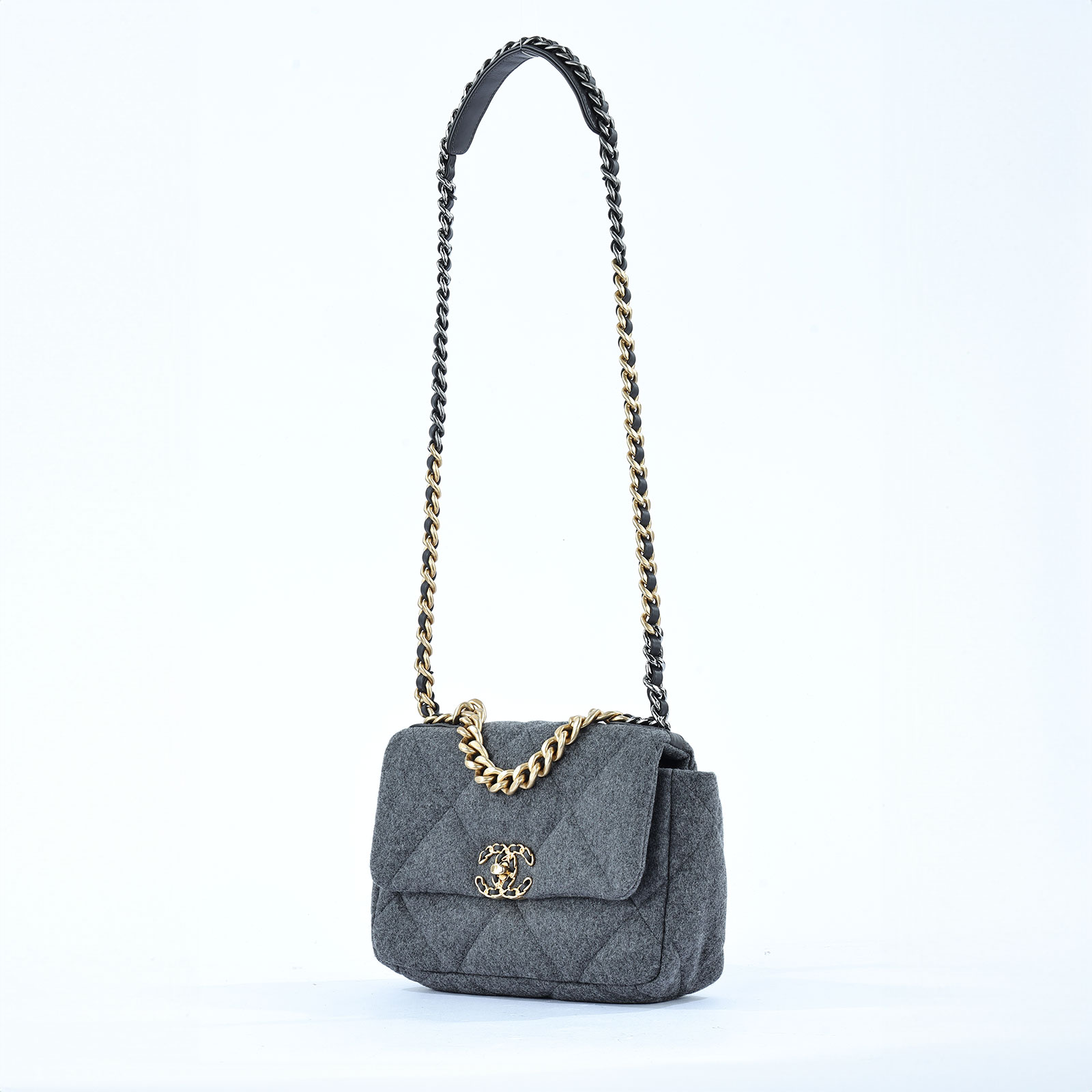 香奈兒 CHANEL 19 口蓋包 菱格紋 金銀鍊帶 手提 肩背包 AS1160 晶片款 灰毛呢19BAG 26CM 防塵袋