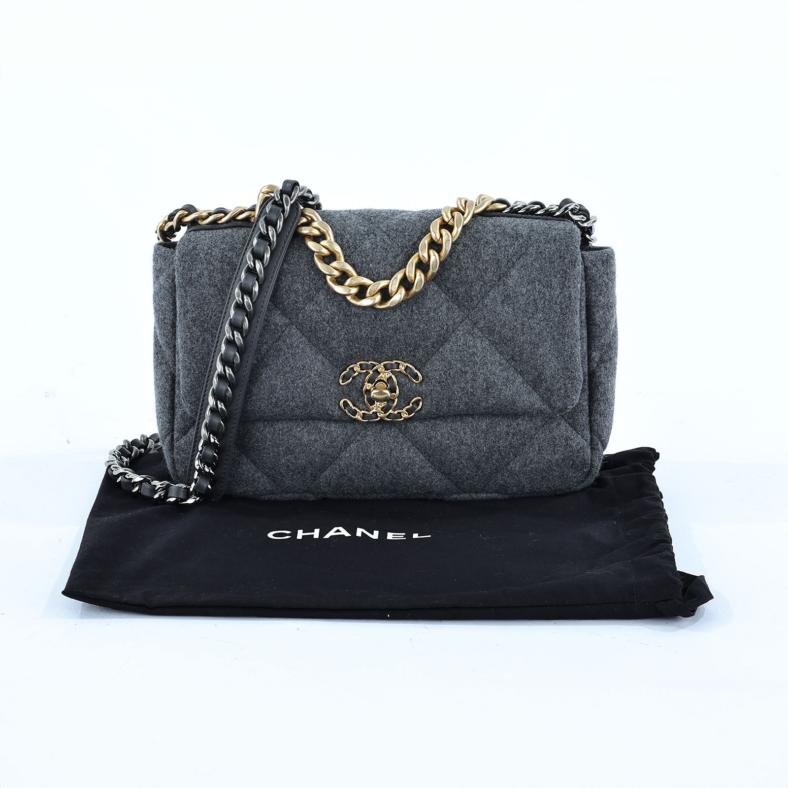 香奈兒 CHANEL 19 口蓋包 菱格紋 金銀鍊帶 手提 肩背包 AS1160 晶片款 灰毛呢19BAG 26CM 防塵袋