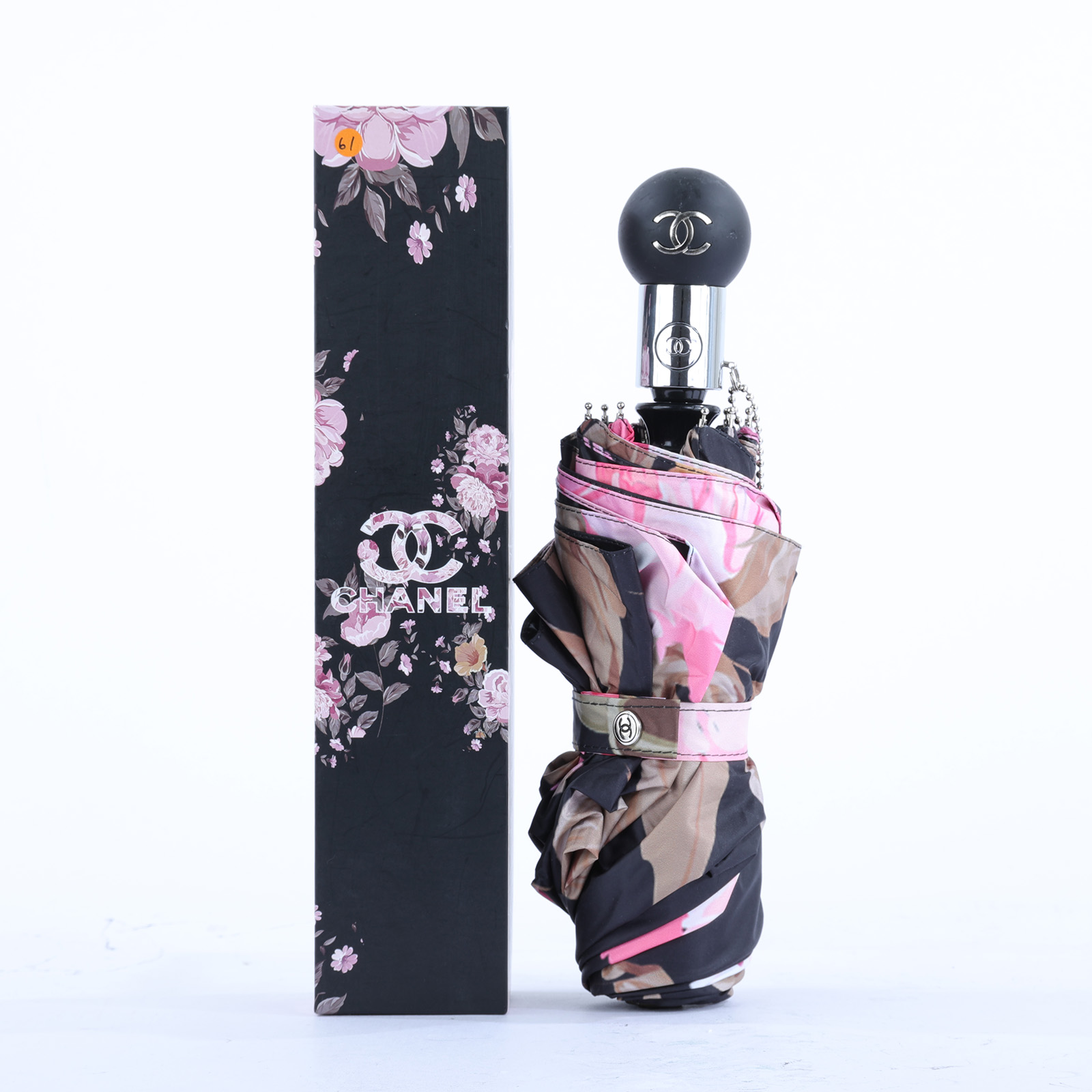 香奈兒 CHANEL 陽傘  黑粉花花摺疊傘 原廠盒子/傘套