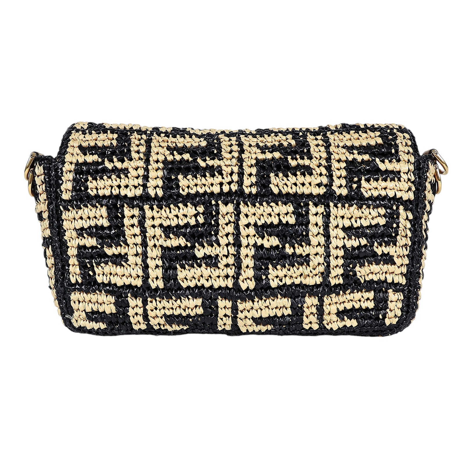 芬迪 FENDI Baguette 拉菲草 包款 8BR600AKBY 黃拚黑草編FF BAGUETTE法棍包 防塵袋/原廠盒子/背帶2