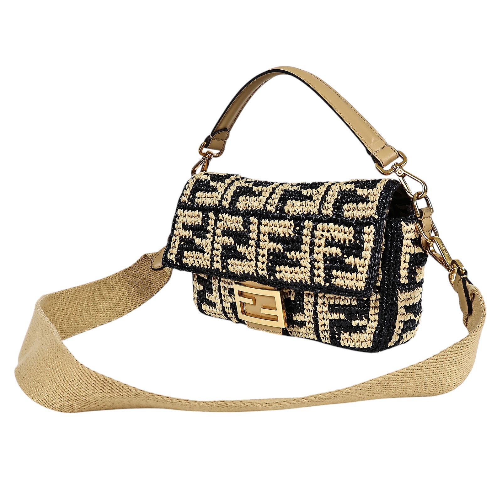 芬迪 FENDI Baguette 拉菲草 包款 8BR600AKBY 黃拚黑草編FF BAGUETTE法棍包 防塵袋/原廠盒子/背帶2