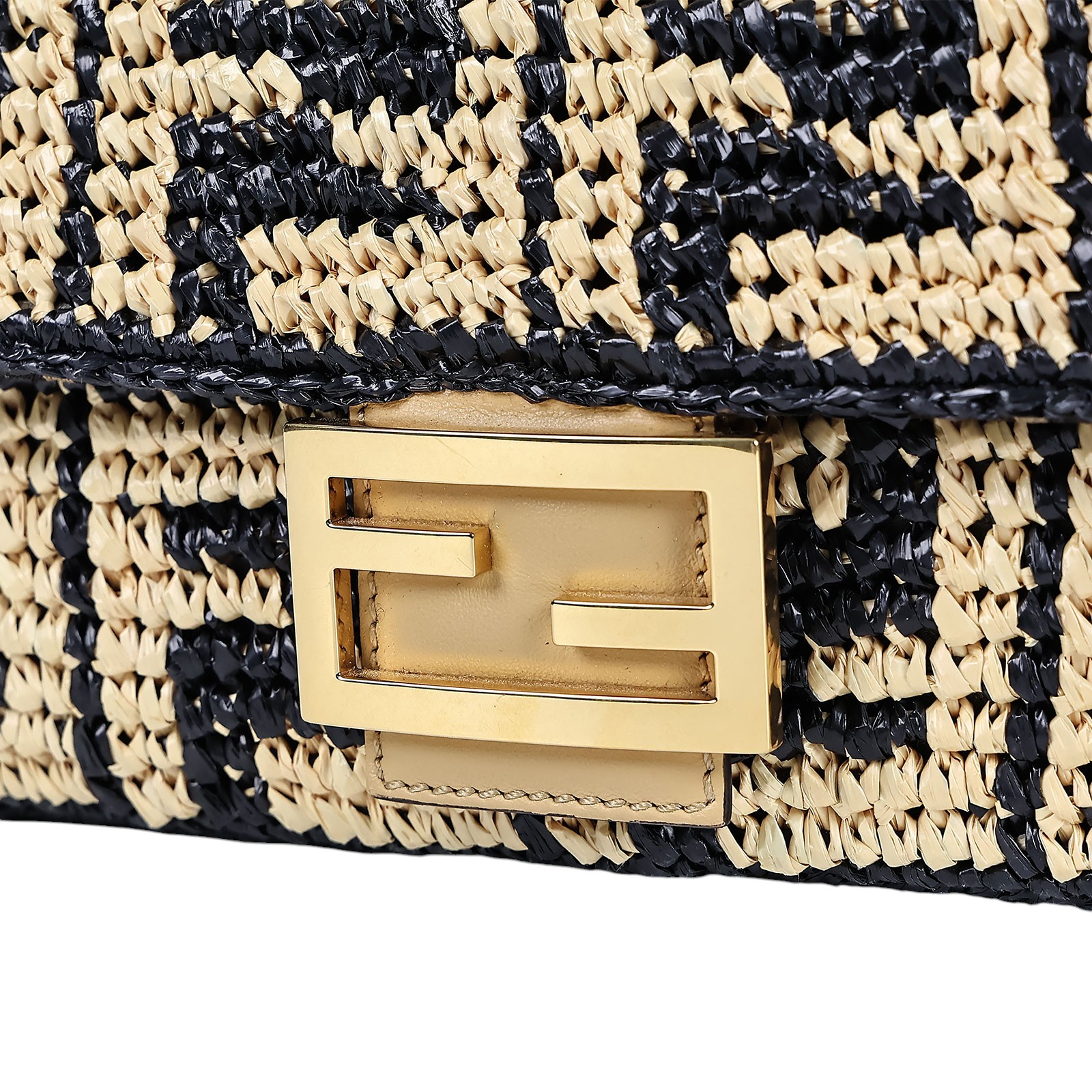 芬迪 FENDI Baguette 拉菲草 包款 8BR600AKBY 黃拚黑草編FF BAGUETTE法棍包 防塵袋/原廠盒子/背帶2