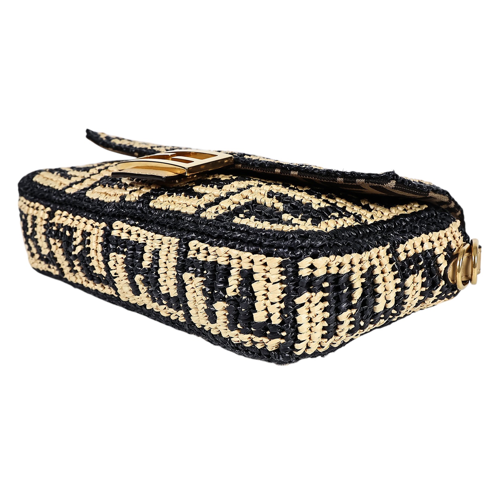 芬迪 FENDI Baguette 拉菲草 包款 8BR600AKBY 黃拚黑草編FF BAGUETTE法棍包 防塵袋/原廠盒子/背帶2