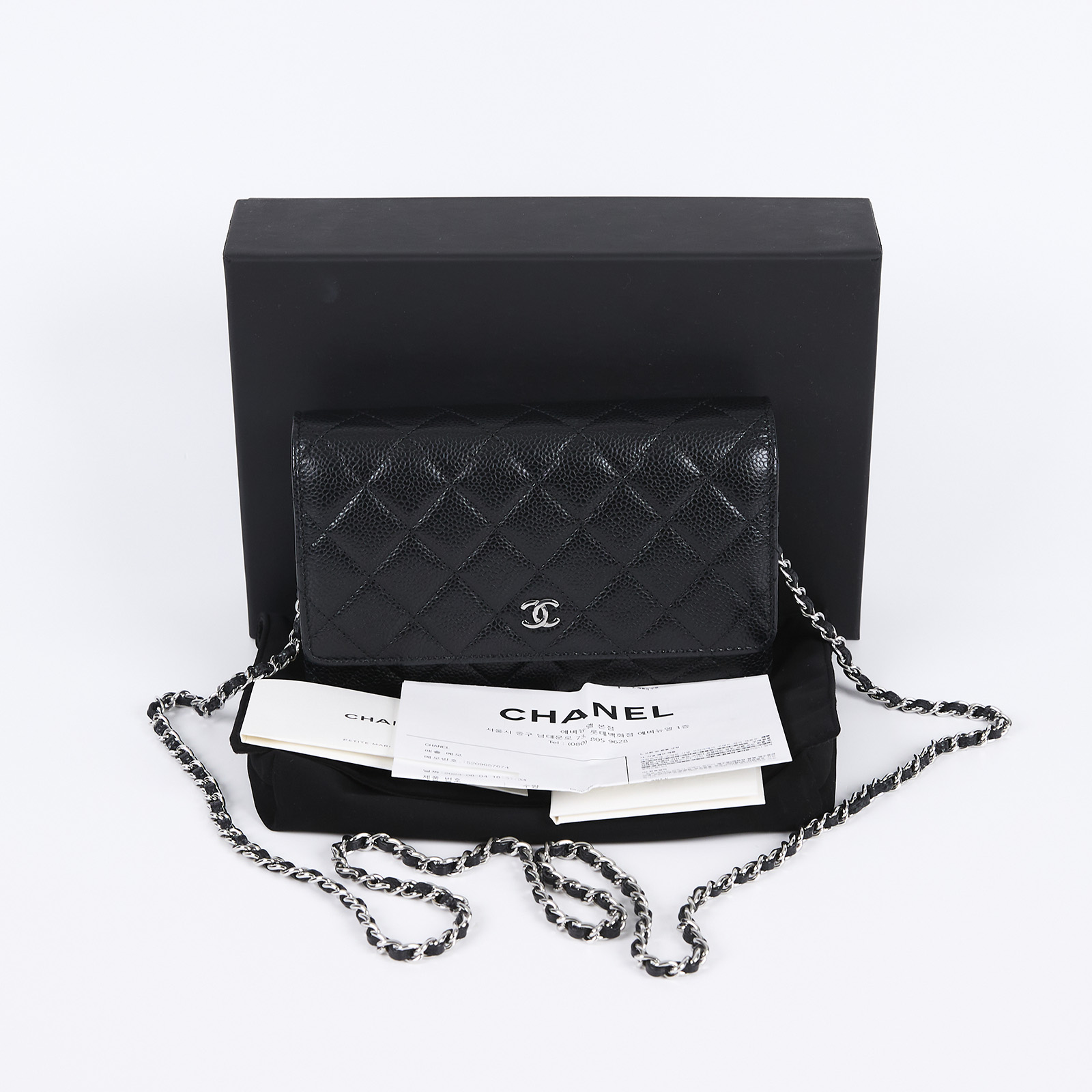 香奈兒 CHANEL 經典鏈子皮夾 菱格紋 CC LOGO AP0250 黑銀荔枝WOC 防塵袋/原廠盒子/韓國購買證明正本