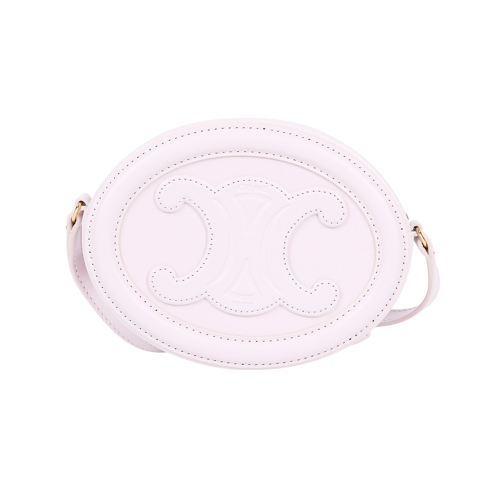 思琳 CELINE Cuir Triomphe 平滑小牛皮 斜揹 橢圓形 肩背包 黃褐色 10I703DPQ 淡粉月餅包 防塵袋/原廠盒子