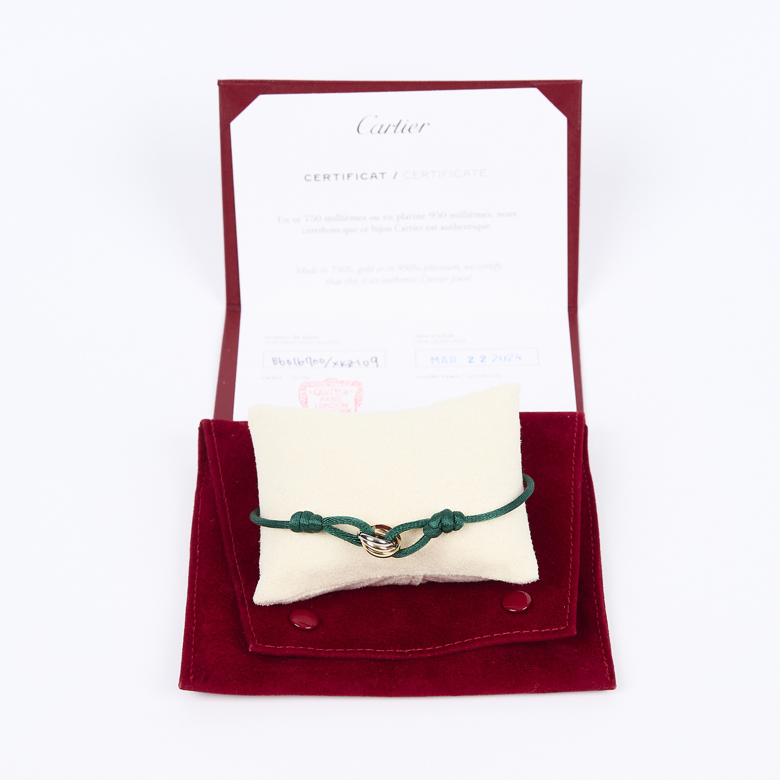 卡地亞 CARTIER Trinity 手環 B6016700 TRINITY綠棉繩手環 #2.97G 防塵袋/保書
