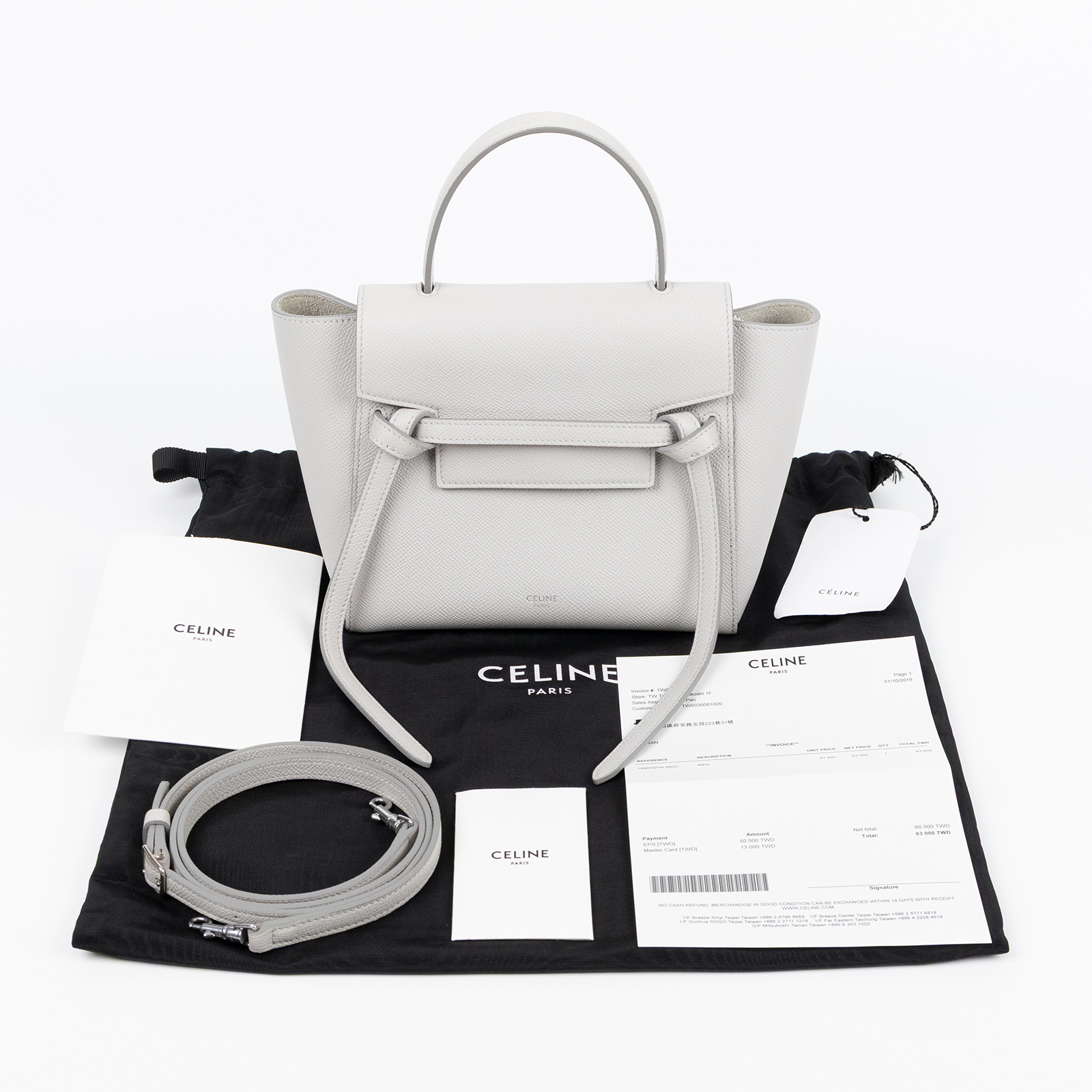 思琳 CELINE 珠地小牛皮 袖珍型 Belt 手袋 189003ZVA 淺灰 BELT BAG NANO 防塵袋/購買證明正本/背帶
