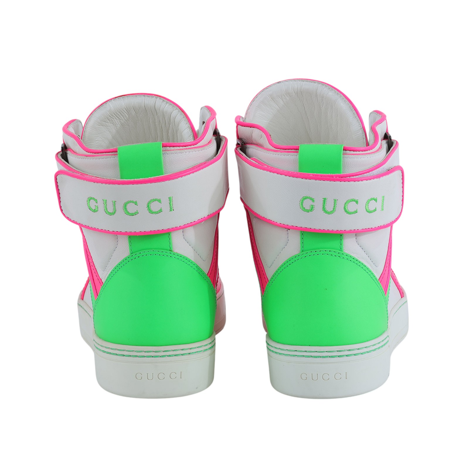 古馳 GUCCI 高筒運動鞋 386738_95 螢光桃拚綠白高筒布鞋#9.5 防塵袋/原廠盒子