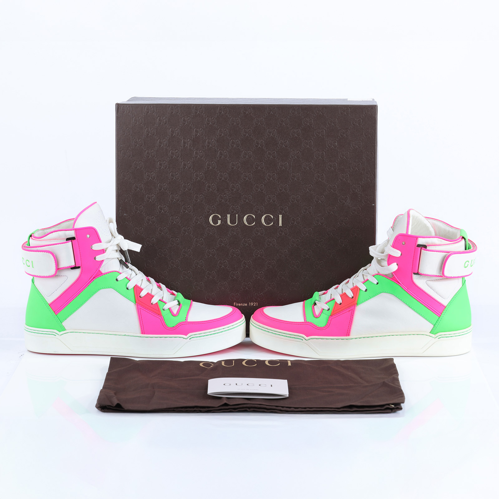 古馳 GUCCI 高筒運動鞋 386738_95 螢光桃拚綠白高筒布鞋#9.5 防塵袋/原廠盒子