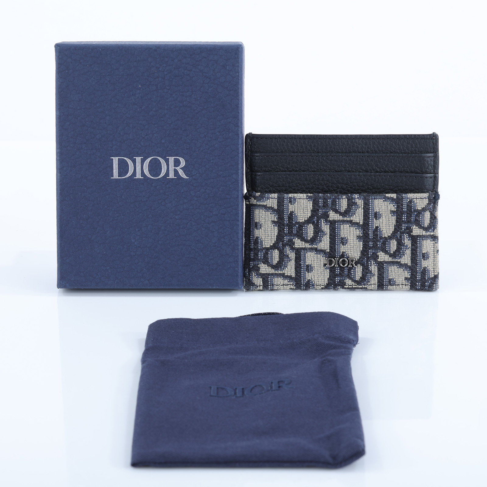 迪奧 CHRISTIAN DIOR 卡夾 2ESCH135YSE 藍OBLIQUE拼黑卡夾 原廠盒子/防塵袋
