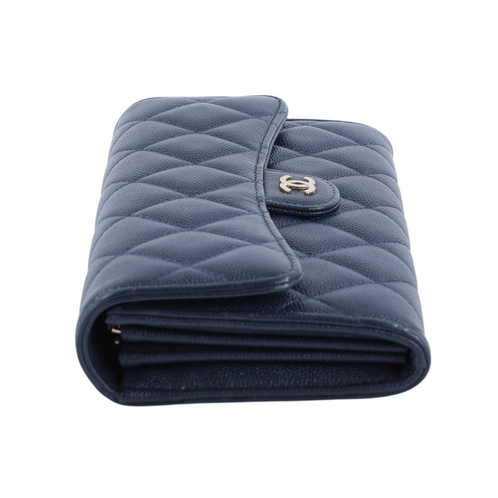 香奈兒 CHANEL CC LOGO 荔枝皮 菱格紋 扣式 長夾 A80758 31開深藍金荔枝皮長夾 無附屬品
