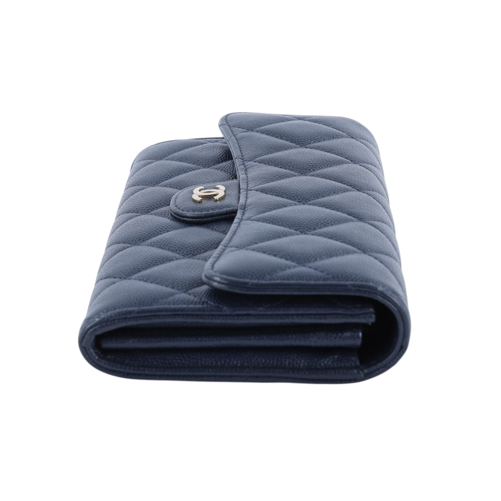 香奈兒 CHANEL CC LOGO 荔枝皮 菱格紋 扣式 長夾 A80758 31開深藍金荔枝皮長夾 無附屬品