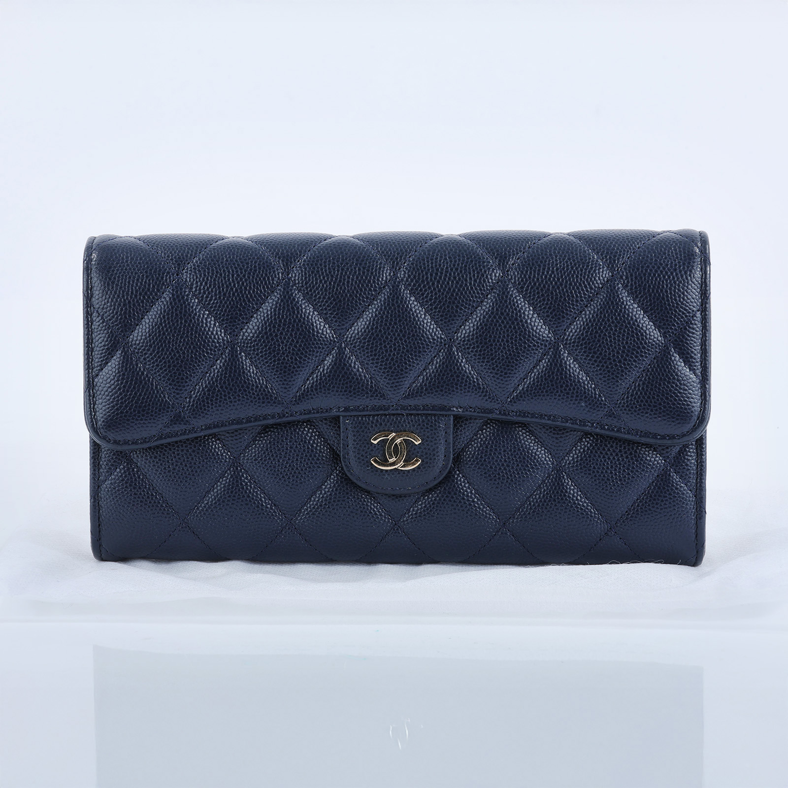 香奈兒 CHANEL CC LOGO 荔枝皮 菱格紋 扣式 長夾 A80758 31開深藍金荔枝皮長夾 無附屬品