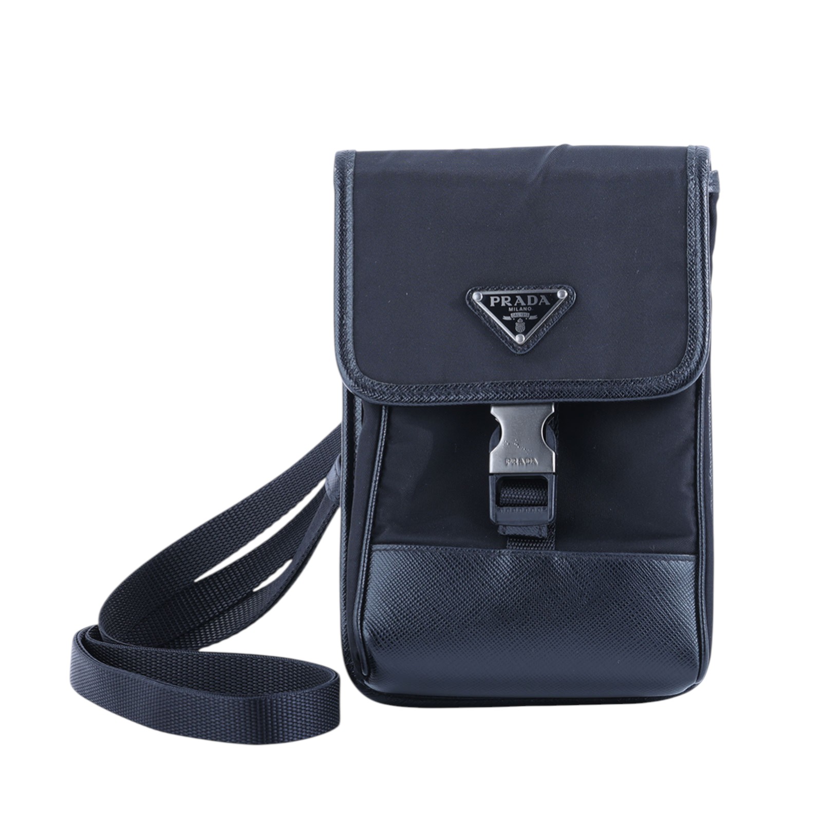 普拉達 PRADA Re-Nylon Saffiano 皮革 智慧型手機 保護套 2ZH109_2DMH 黑尼龍手機包 原廠盒子/防塵袋/保證卡