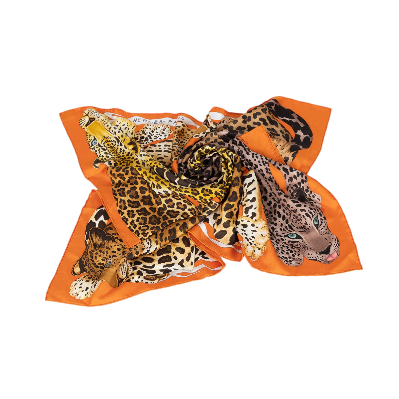 愛馬仕 Hermes 真絲 方巾  橘底豹方巾 無附屬品