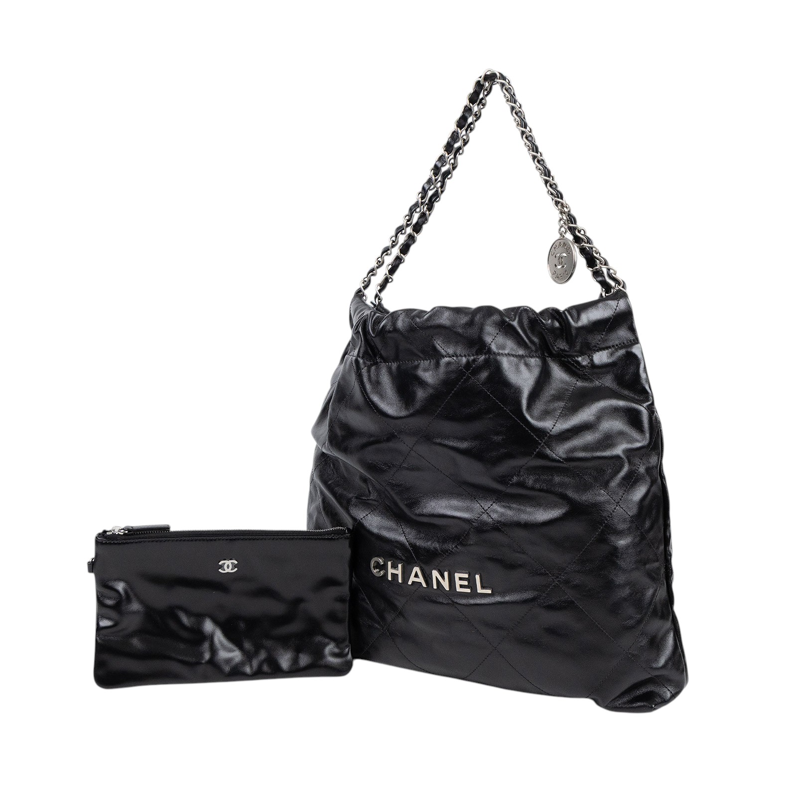 香奈兒 CHANEL 22 中型 束口包 AS3261 晶片款 黑銀22BAG中號 防塵袋