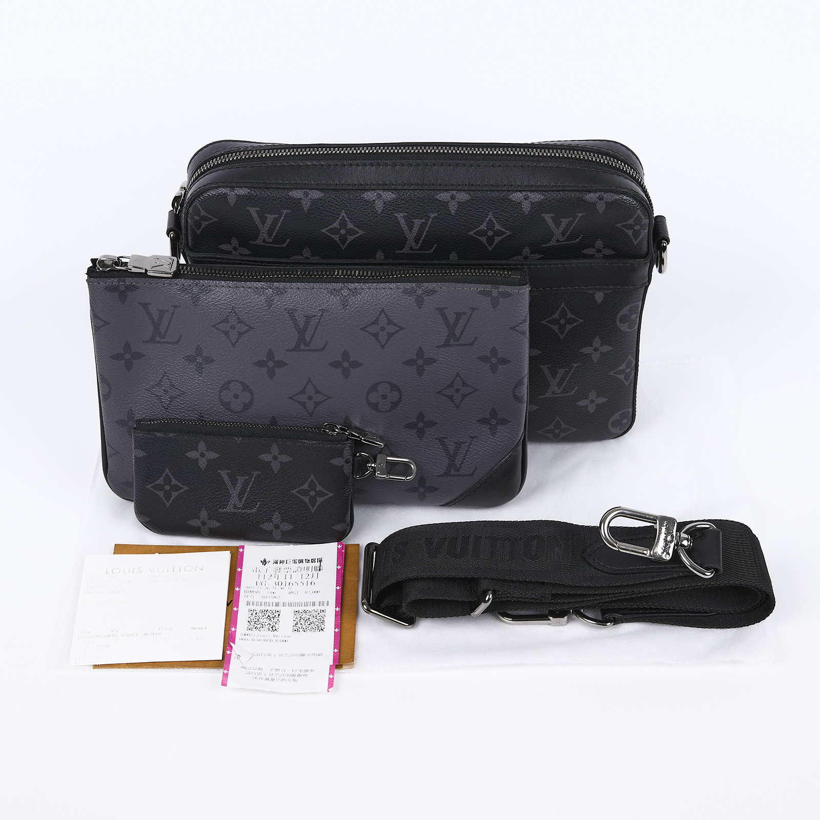 路易威登 LOUIS VUITTON Trio 郵差包 Eclipse帆布 黑色 灰色 M69443 晶片款 黑灰原花郵差包 購買證明正本