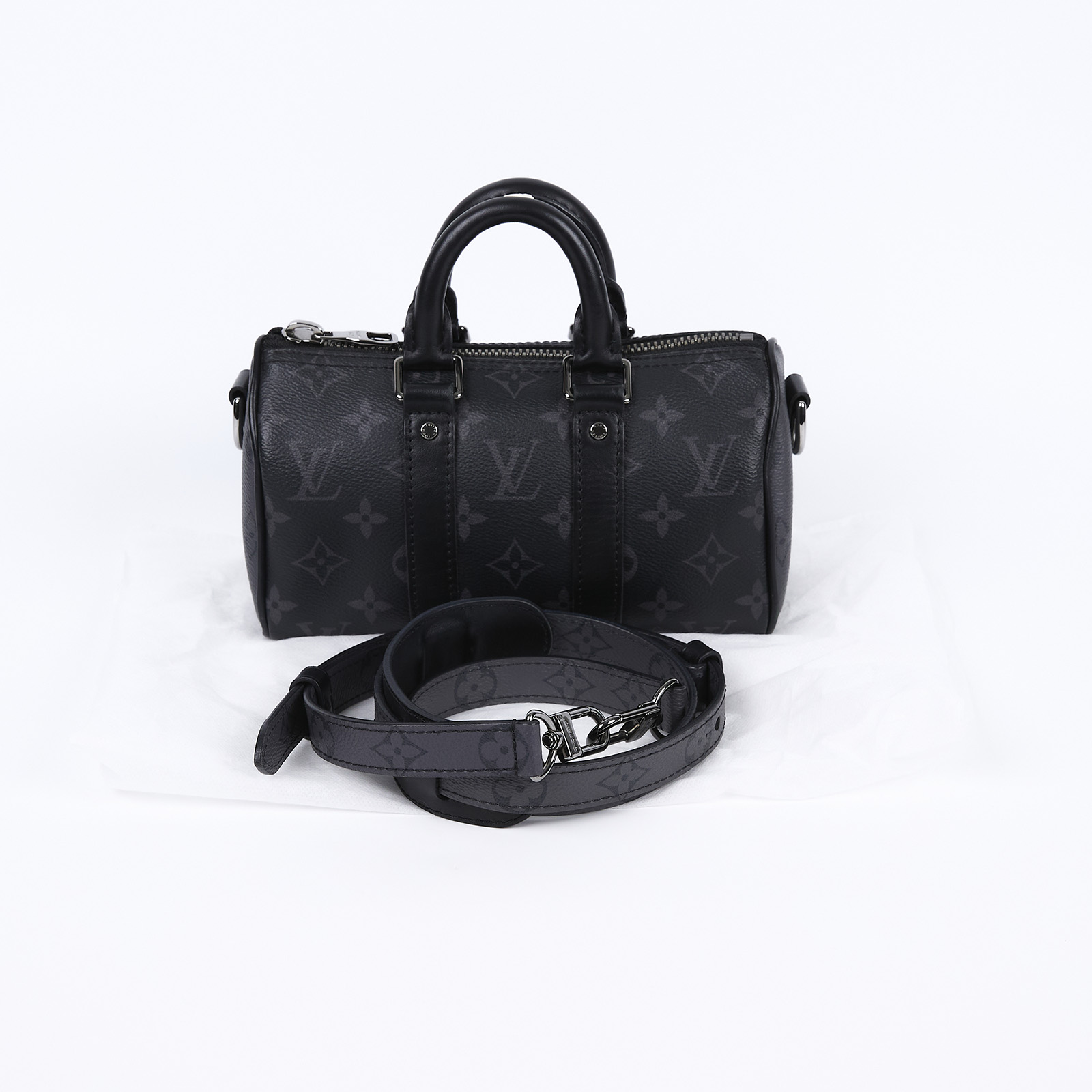 路易威登 LOUIS VUITTON KEEPALL XS 老花 小款 圓筒 側背包   M45947 晶片款 黑原花KEEPALL XS 背帶