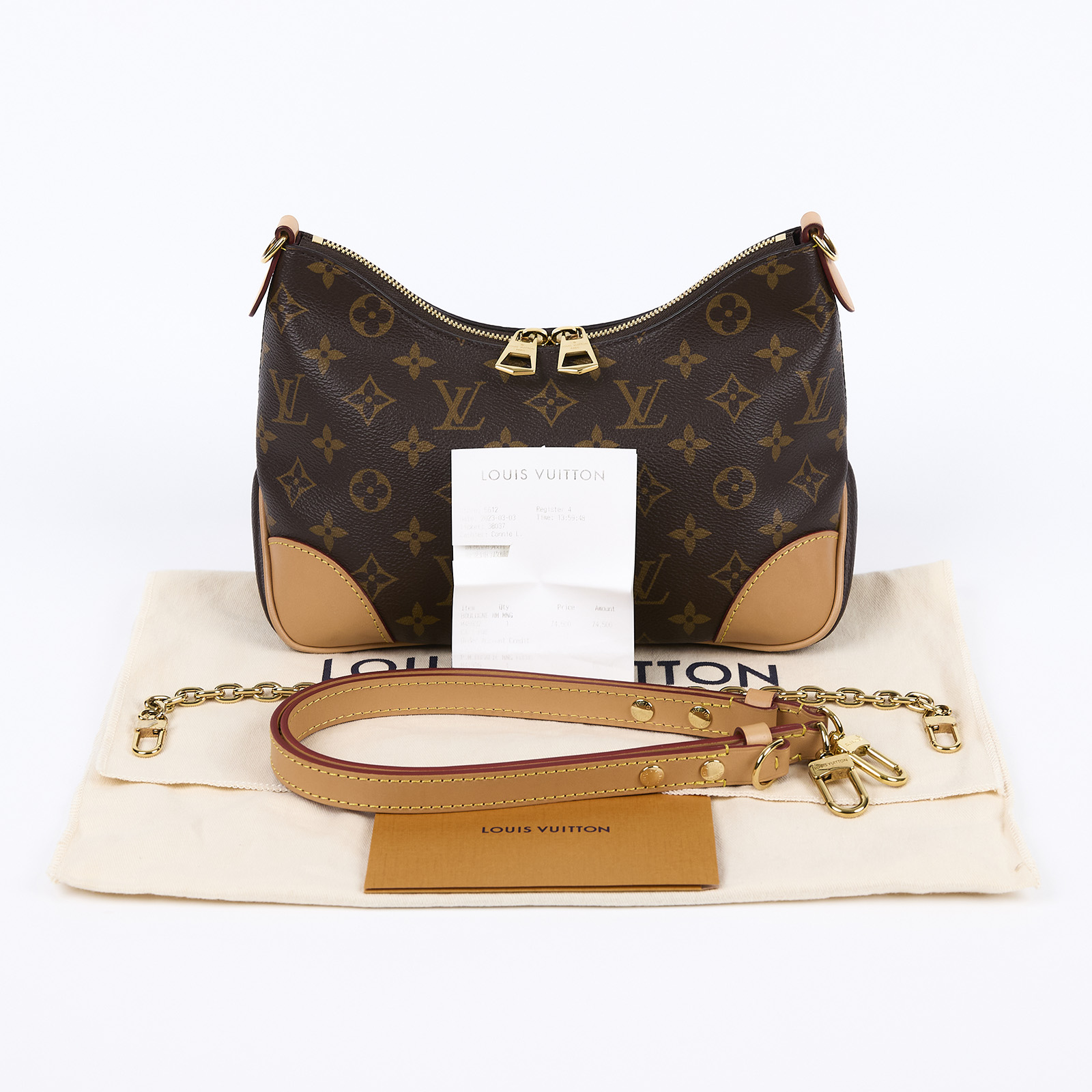 路易威登 LOUIS VUITTON Boulogne 牛角包 手提 斜肩背包 M45832 晶片款 原花Boulogne PM 防塵袋/背帶2/購買證明正本
