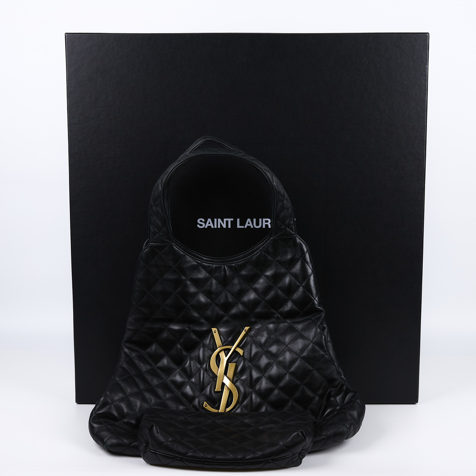 聖羅蘭 YSL SAINT LAURENT Icare 绗缝羊皮 購物袋 加大型 698651AAANG ICARE 黑金HOBO包 原廠盒子/內袋