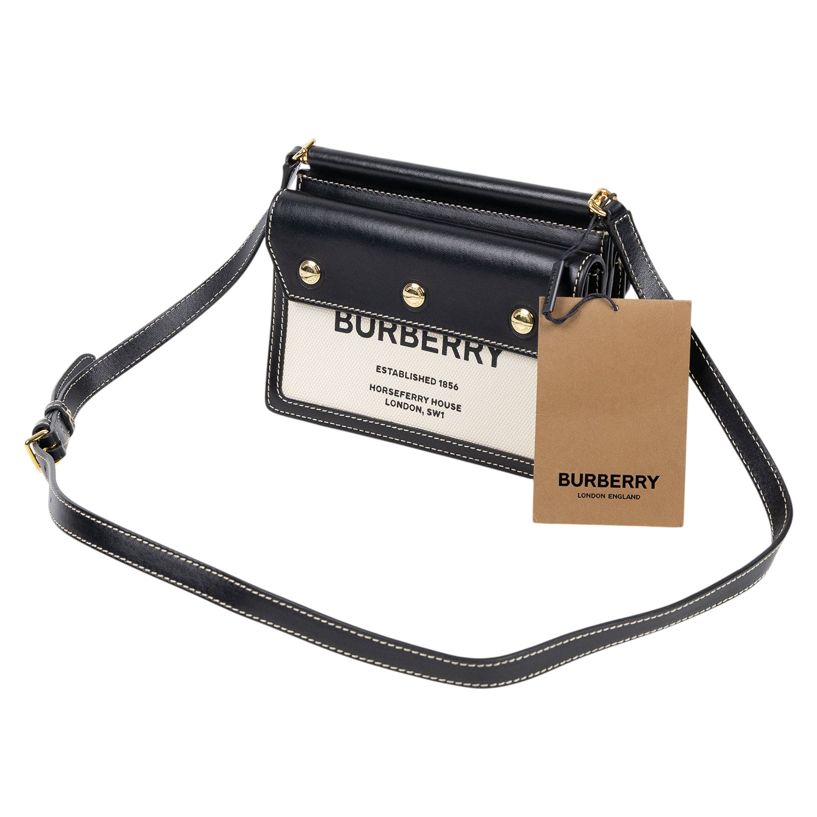 博柏利 BURBERRY Mini Horseferry 80319011 黑拚帆布HORSEFERRY斜背包 無附屬品