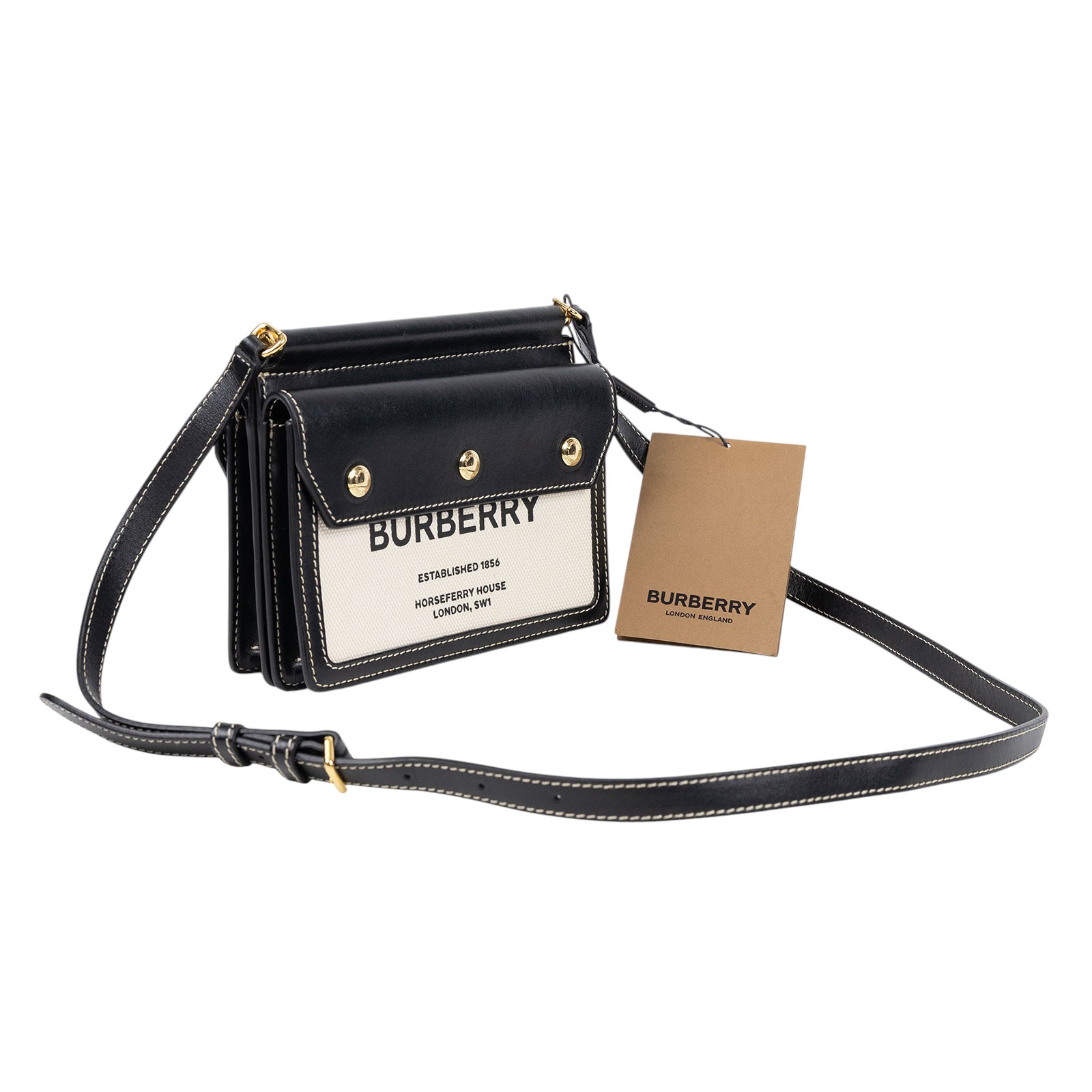 博柏利 BURBERRY Mini Horseferry 80319011 黑拚帆布HORSEFERRY斜背包 無附屬品