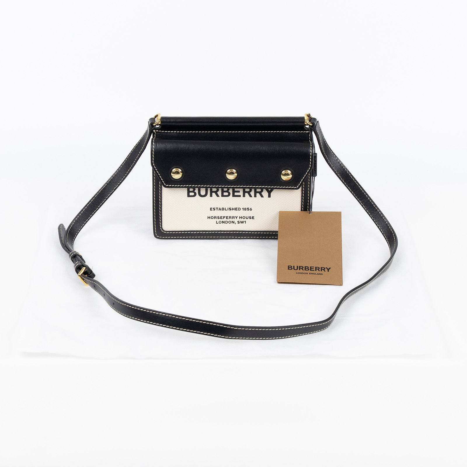 博柏利 BURBERRY Mini Horseferry 80319011 黑拚帆布HORSEFERRY斜背包 無附屬品